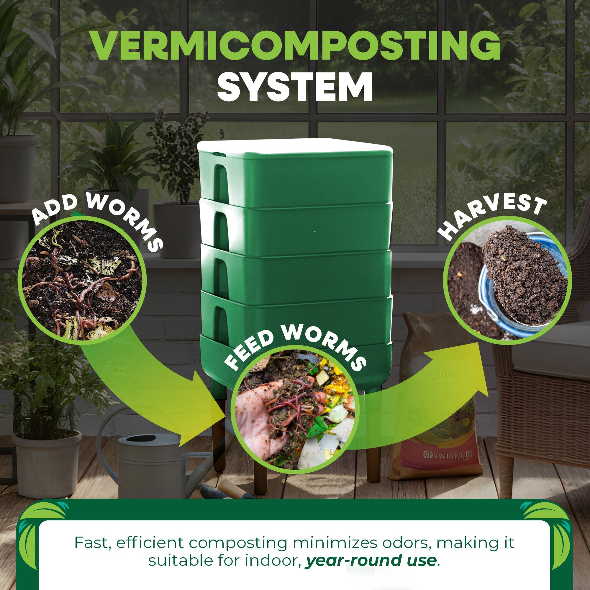 VERMICOMPOSTING SYSTEM

ADD WORMS
HARVEST
FEED WORMS

Fast, efficient composting minimizes odors, making it suitable for indoor, year-round use.