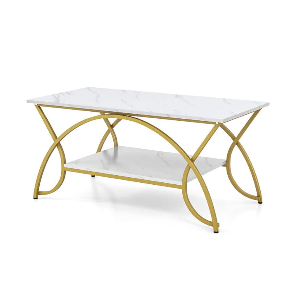 Kadyn - Coffee Table, Modern Sofa Table Tea Table,2-Tier Coffee Table Gold Rectangle for Living Room-Golden - White