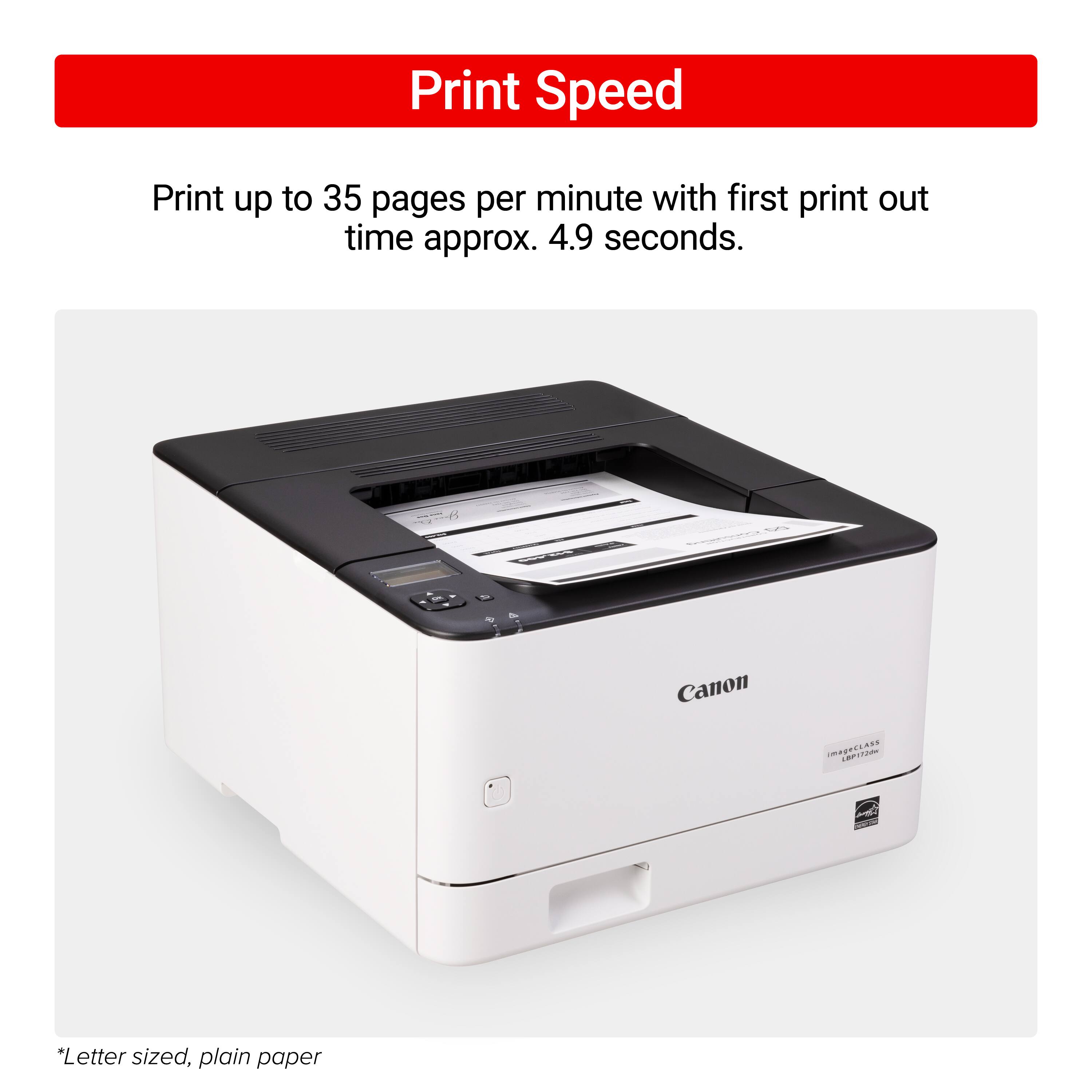 The image features a Canon printer that can print up to 35 pages per minute with a first print out time of approximately 4.9 seconds. The printer is designed to work with letter-sized, plain paper.