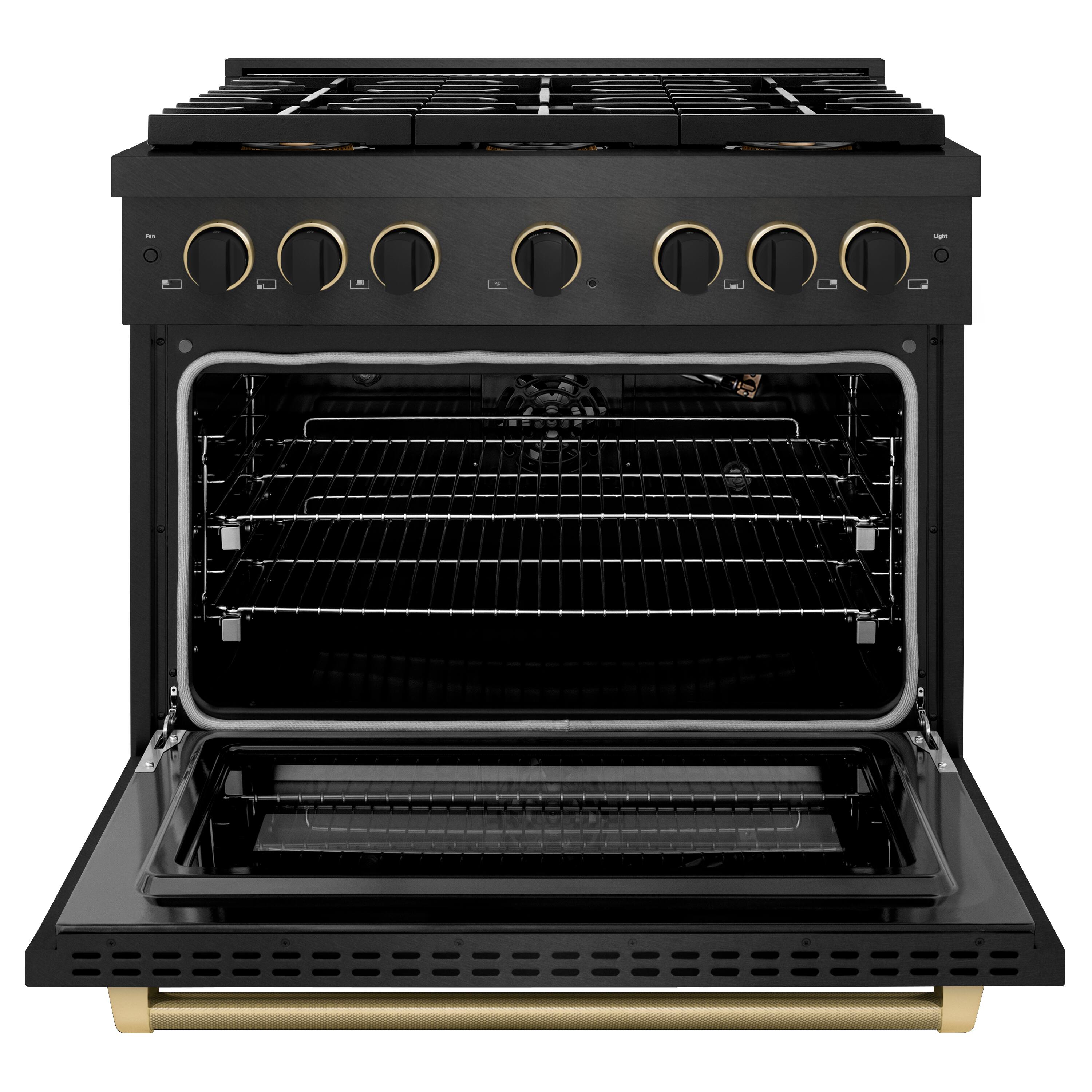 Angle. ZLINE - Designer 36 in. 5.2 cu. ft. Manual Clean Freestanding DuoPro Gas Range in Black Satin with Black and Bronze Accents - Black Satin Stainless Steel.