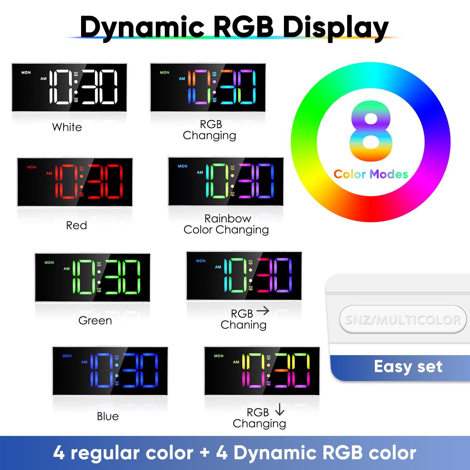 Dynamic RGB Display

- White
- RGB Changing
- Red
- Rainbow Color Changing
- Green
- RGB Changing
- Blue
- RGB Changing

8 Color Modes

4 regular color + 4 Dynamic RGB color

SNZ/MULTICOLOR

Easy set