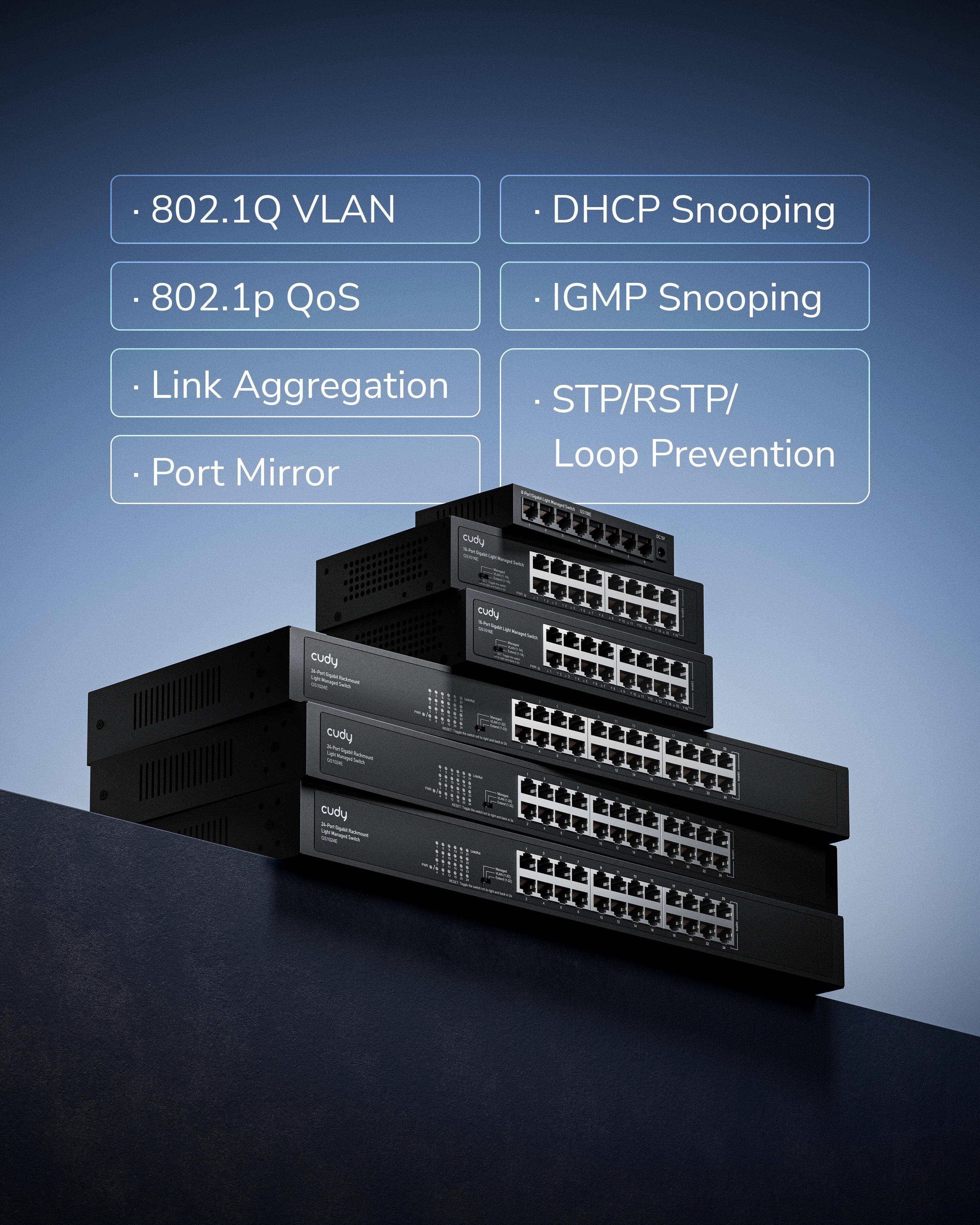 - 802.1Q VLAN
- 802.1p QoS
- Link Aggregation
- Port Mirror
- DHCP Snooping
- IGMP Snooping
- STP/RSTP/Loop Prevention