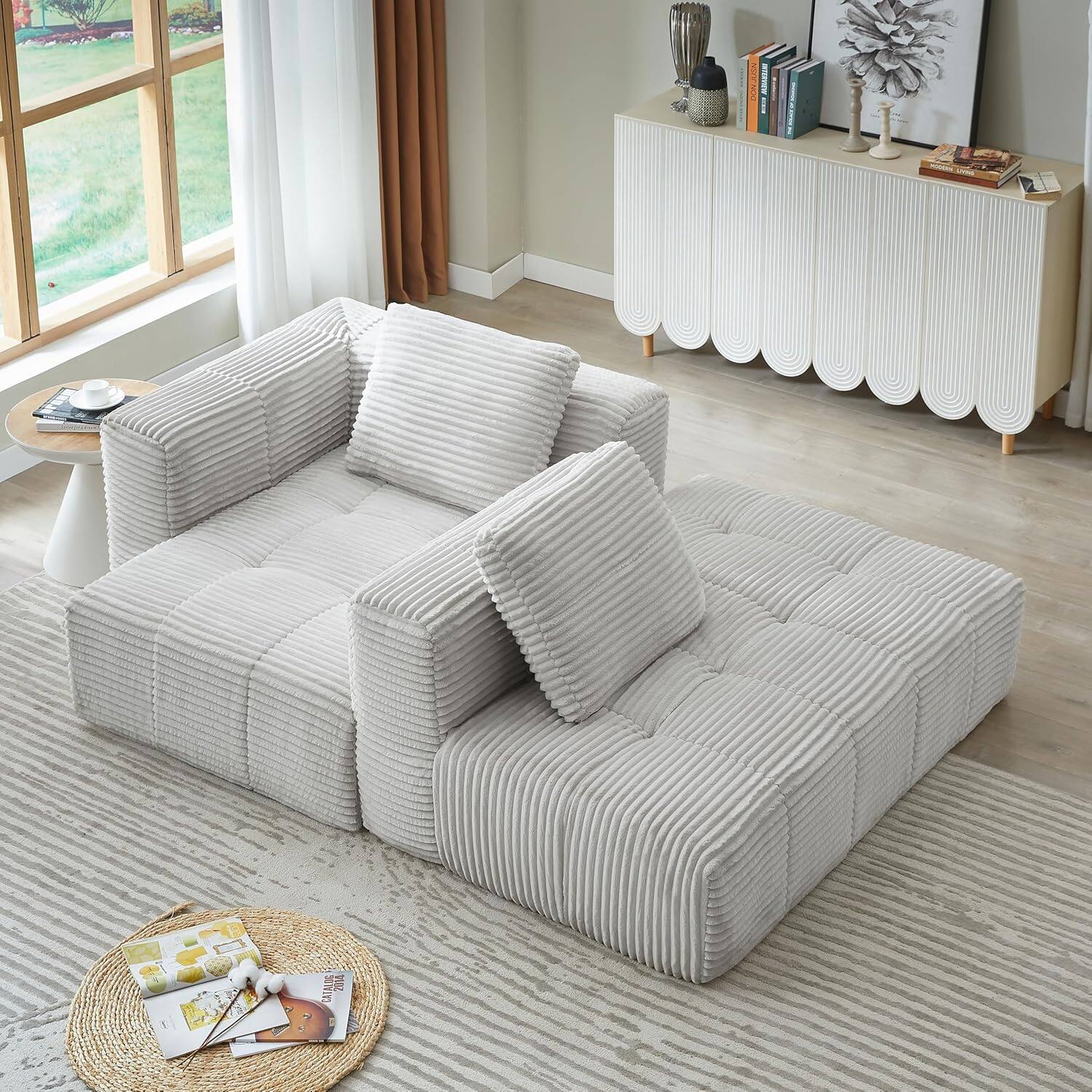Alt View 5. Trinkets Crazed - 108" Corduroy Fluffy Modular Sectional Loveseat SofaDeep Seat Cloud Sectional Couch with Spring Cushions - light gray.