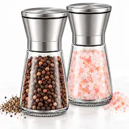 AMUMU - Salt and Pepper Grinder Set 2 Pack Manual Pepper Mill and Salt Grinder with Ceramic Core Adjustable Coarseness - Silver