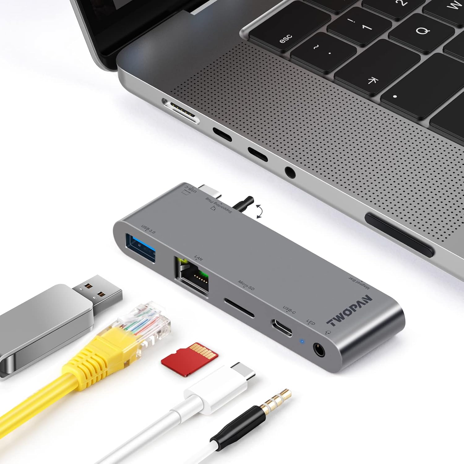 TWOPAN - USB C Hub for MacBook Pro M3 M2 M1, USB C to Ethernet, Thunderbolt PD, USB 3.0 Port, Micro SD Card Slot, 3.5mm Audio Jac