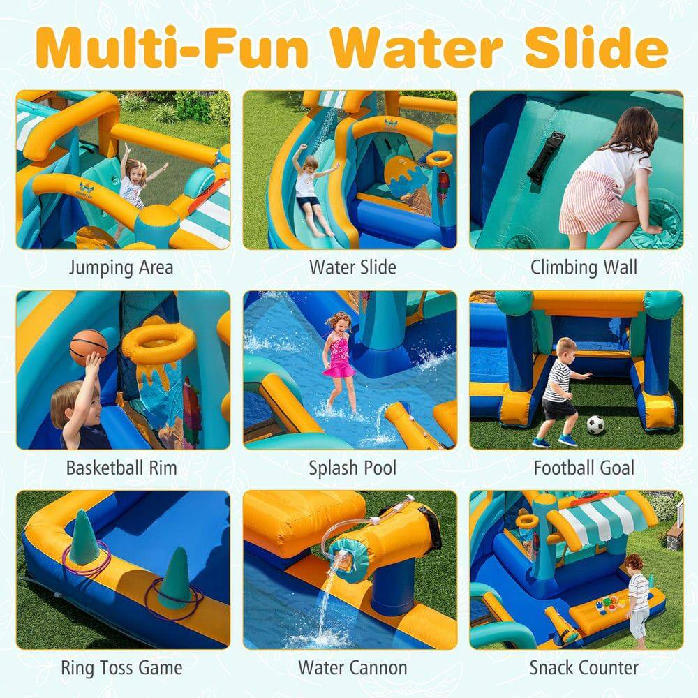 Multi-Fun Water Slide

- Jumping Area
- Water Slide
- Climbing Wall
- Basketball Rim
- Splash Pool
- Football Goal
- Ring Toss Game
- Water Cannon
- Snack Counter