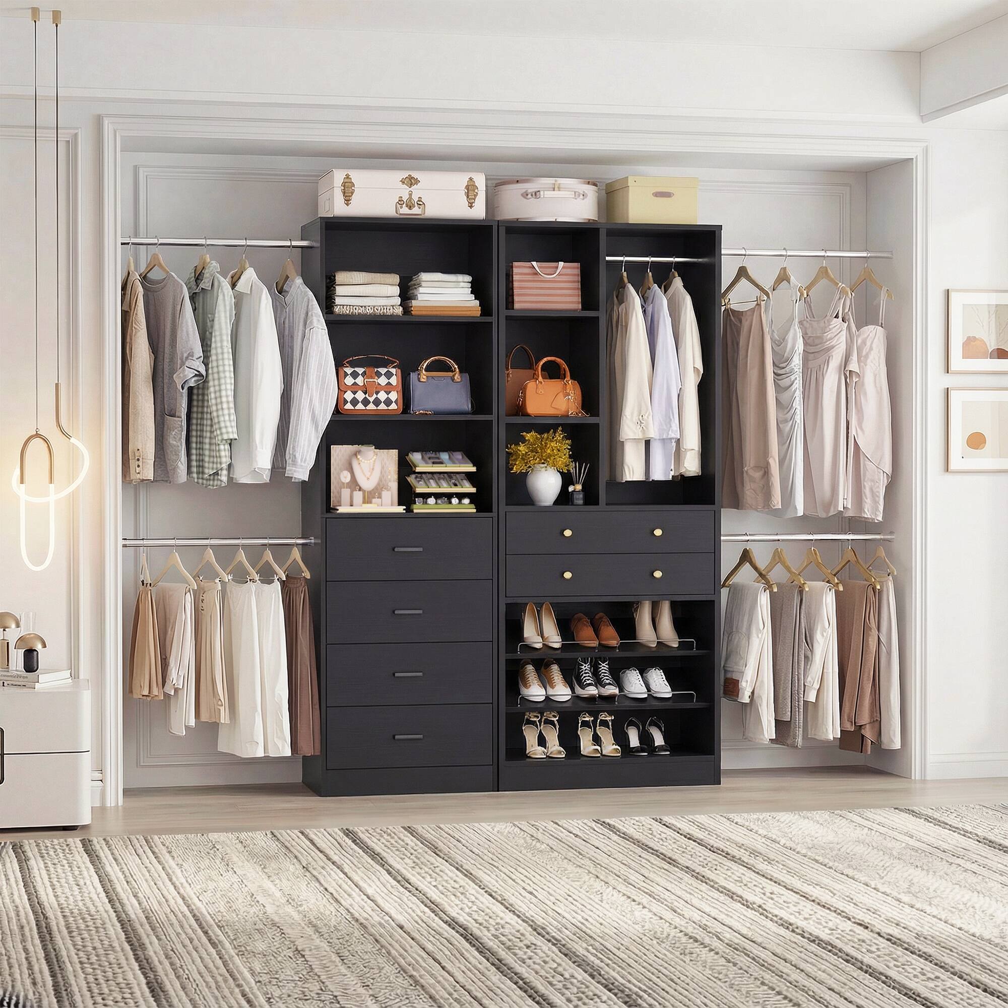 Left. Aheaplus - 49''-127'' Adjustable Closet Organizer System with 6 Drawers, 4 Hanging Rods, and Shelves - Black.