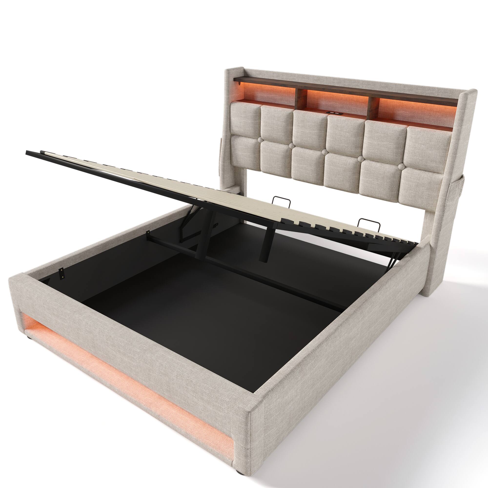 Alt View 4. LUCKY ONE - Queen size Upholstered Platform bed with a Hydraulic Storage System, LED and USB Charging - Natural.