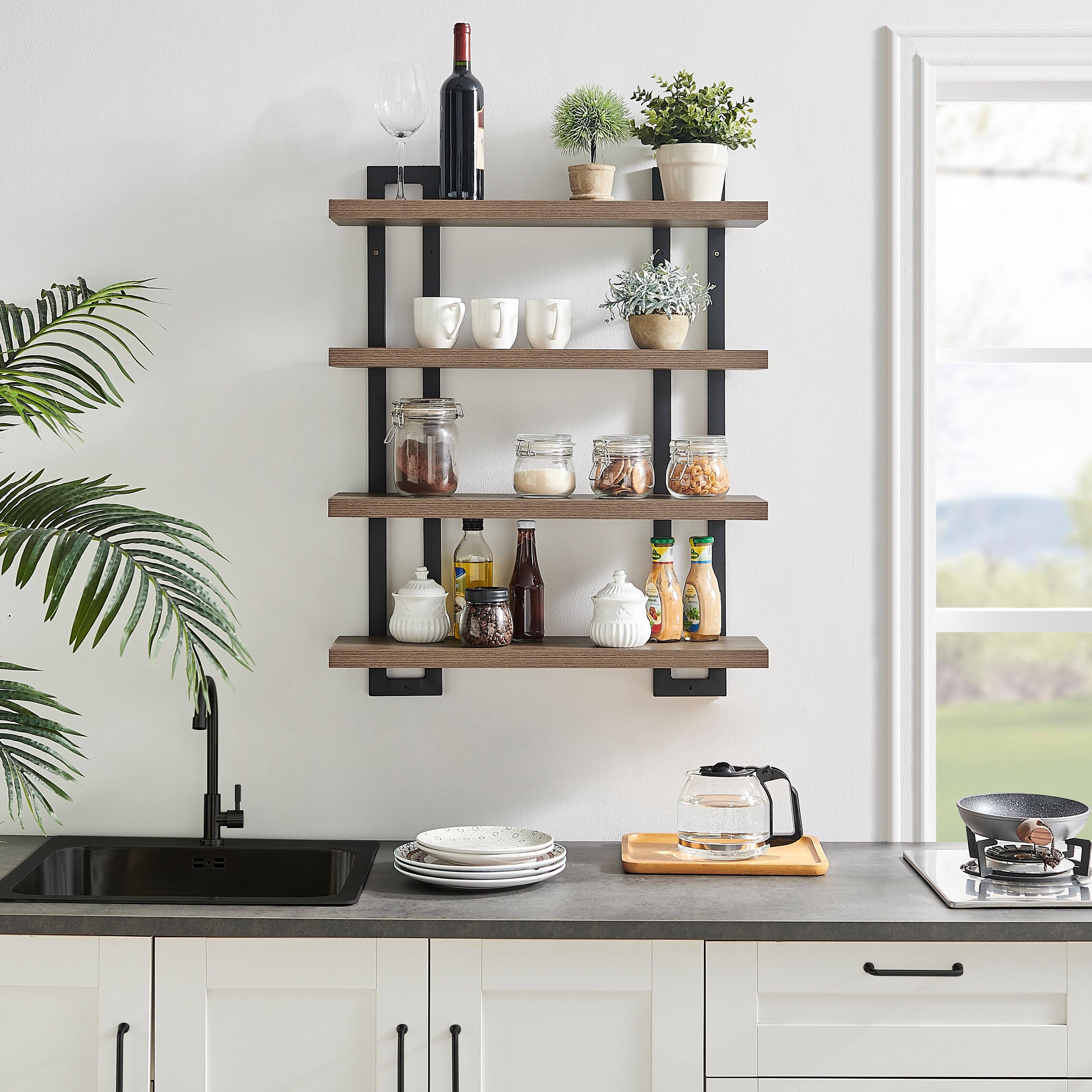 Left. Danya B - 4-Tier Bracket Wall Shelf - Black Metal and Walnut Finish - Walnut.