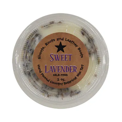 Shots, Roots and Leather Boots
SWEET LAVENDER
Hand Poured Country Botanical Wax Tart
SRLB-9986
2 oz.