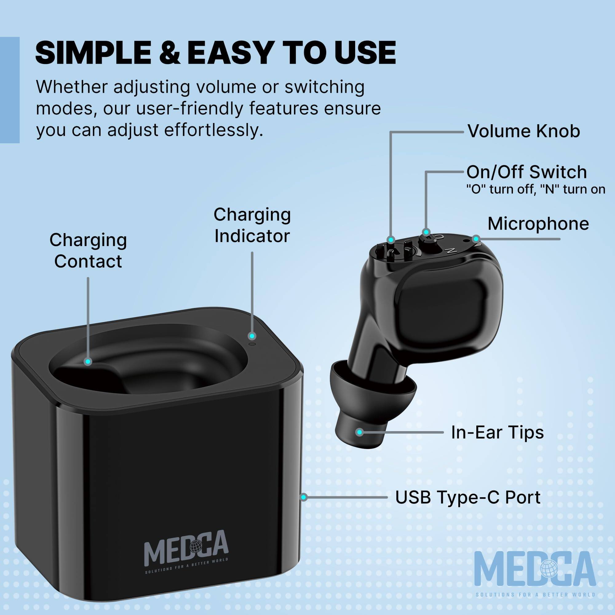 **SIMPLE & EASY TO USE**

Whether adjusting volume or switching modes, our user-friendly features ensure you can adjust effortlessly.

- Volume Knob
- On/Off Switch ("O" turn off, "N" turn on)
- Microphone
- In-Ear Tips
- USB Type-C Port
- Charging Contact
- Charging Indicator

MEDCA  
SOLUTIONS FOR A BETTER WORLD