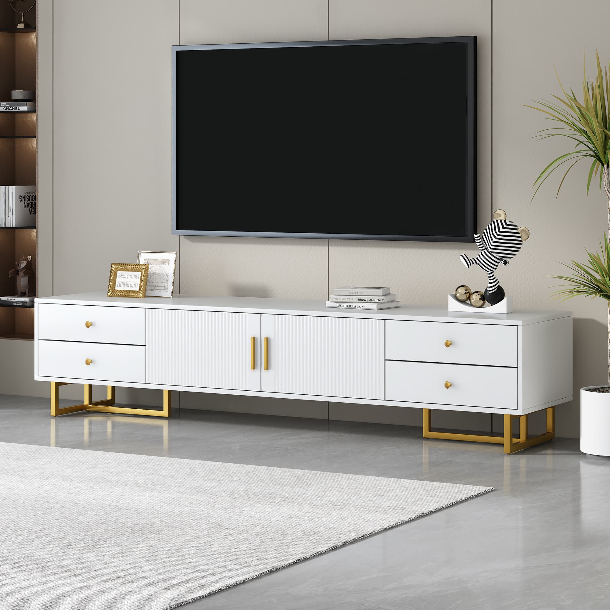 Spaco - Modern TV Stand for 65 Inch TVs, Entertainment Center Media Console with Storage Cabinet for Living Room - White