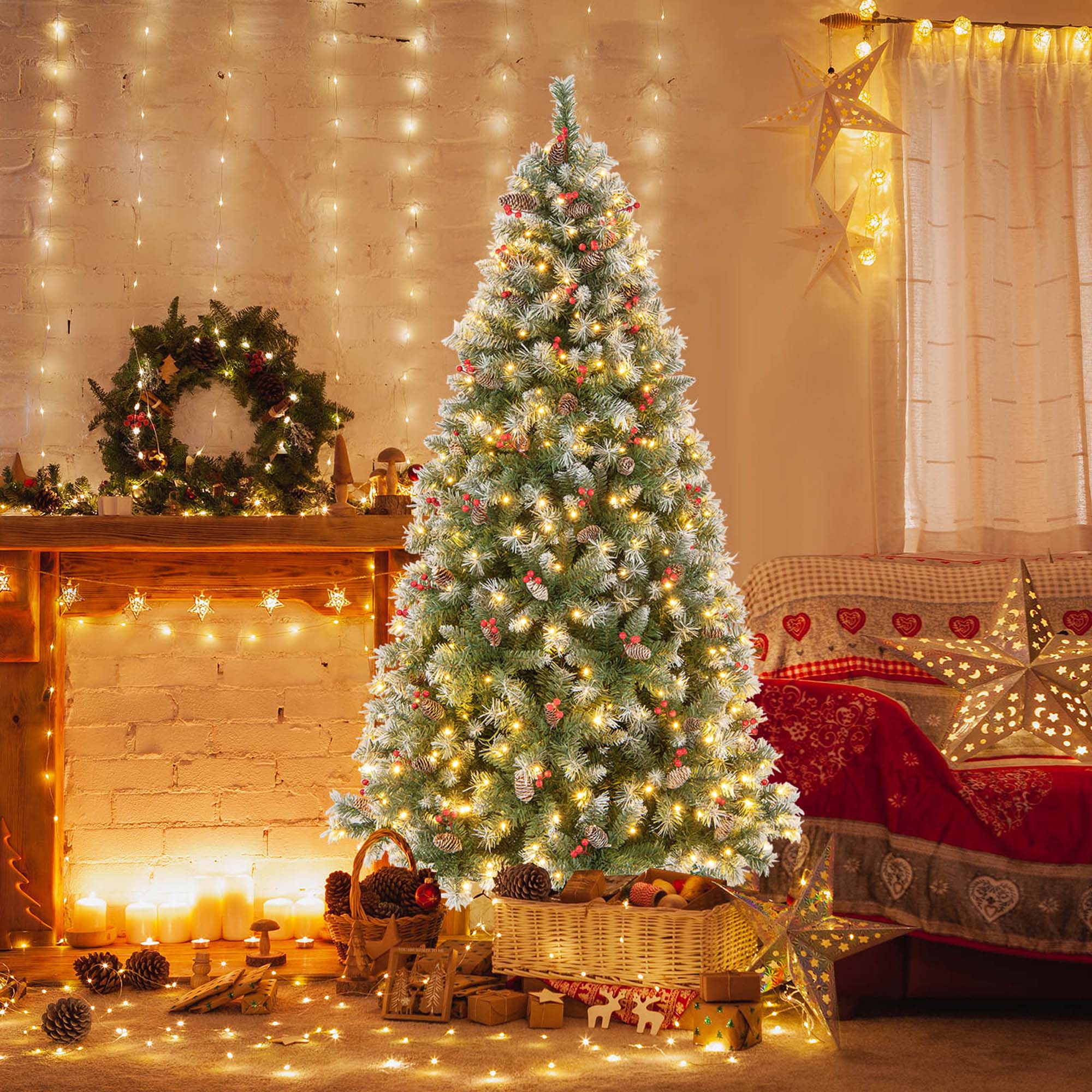 Alt View 11. Costway - 7.5 FT Artificial Christmas Tree Hinged with 560 Warm LED Lights & 267 Red Berries - Green/White.