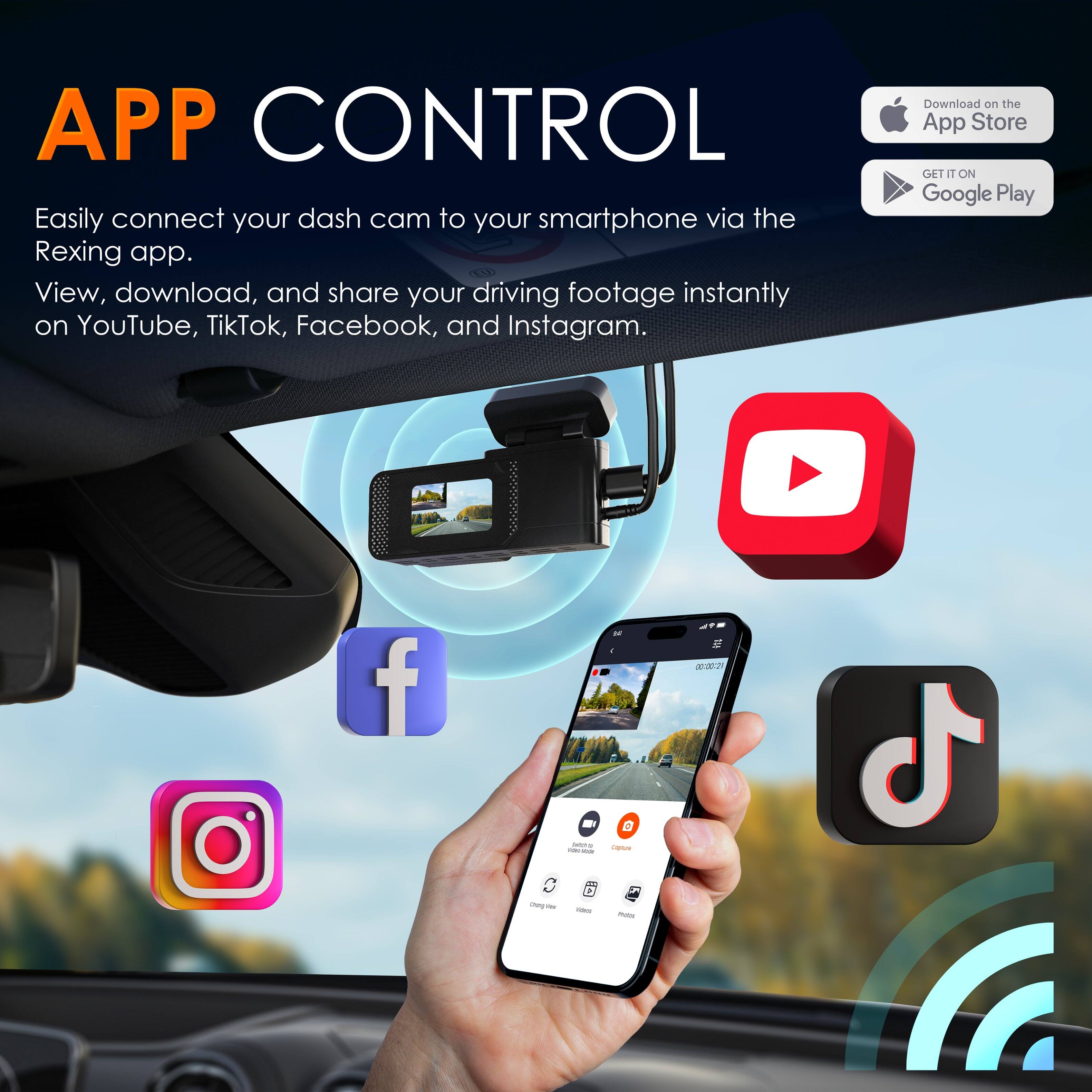 APP CONTROL

Easily connect your dash cam to your smartphone via the Rexing app.  
View, download, and share your driving footage instantly on YouTube, TikTok, Facebook, and Instagram.

Download on the App Store  
GET IT ON Google Play