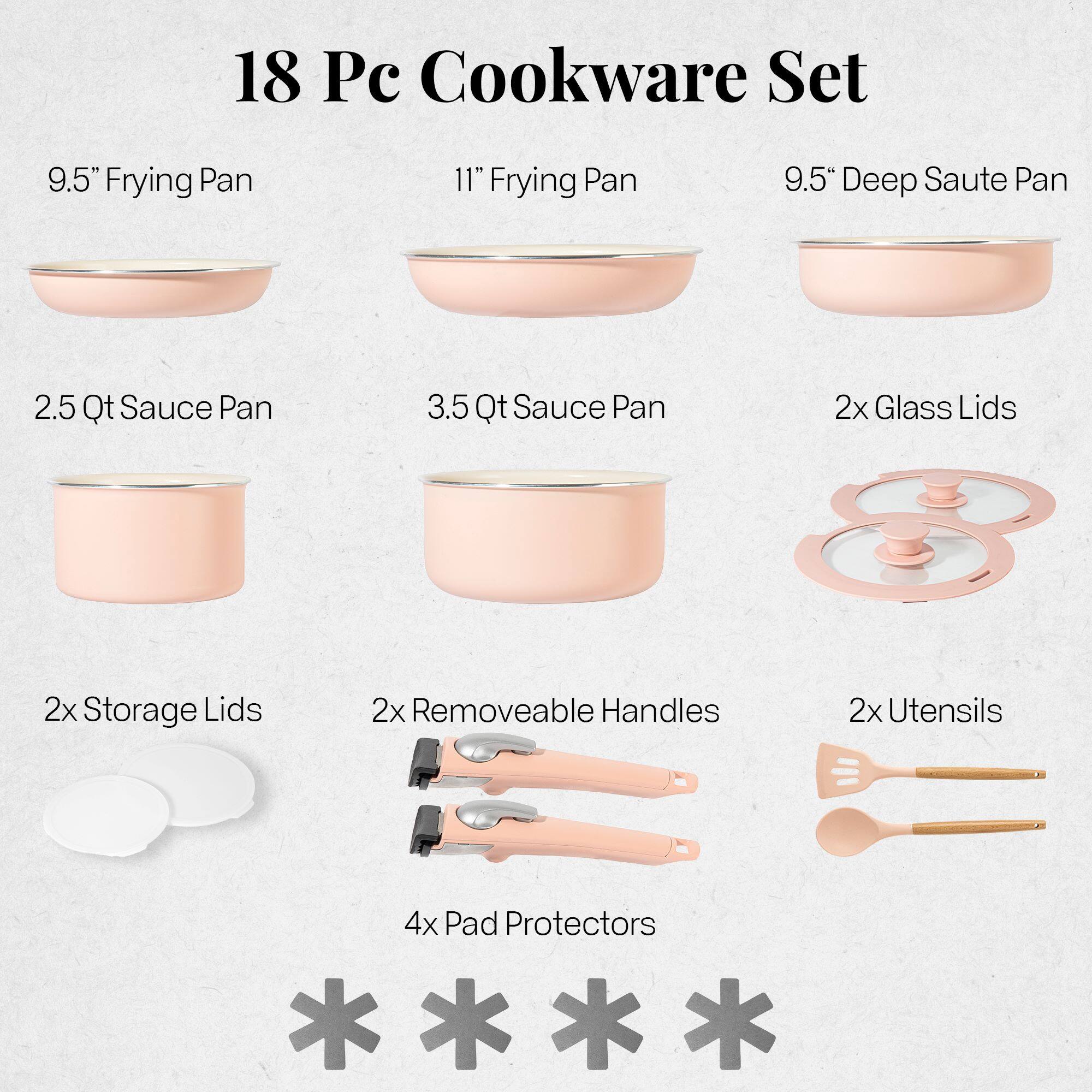 18 Pc Cookware Set
9.5" Frying Pan
11" Frying Pan
9.5" Deep Saute Pan
2.5 Qt Sauce Pan
3.5 Qt Sauce Pan
2x Glass Lids
2x Storage Lids
2x Removeable Handles
2x Utensils
4x Pad Protectors