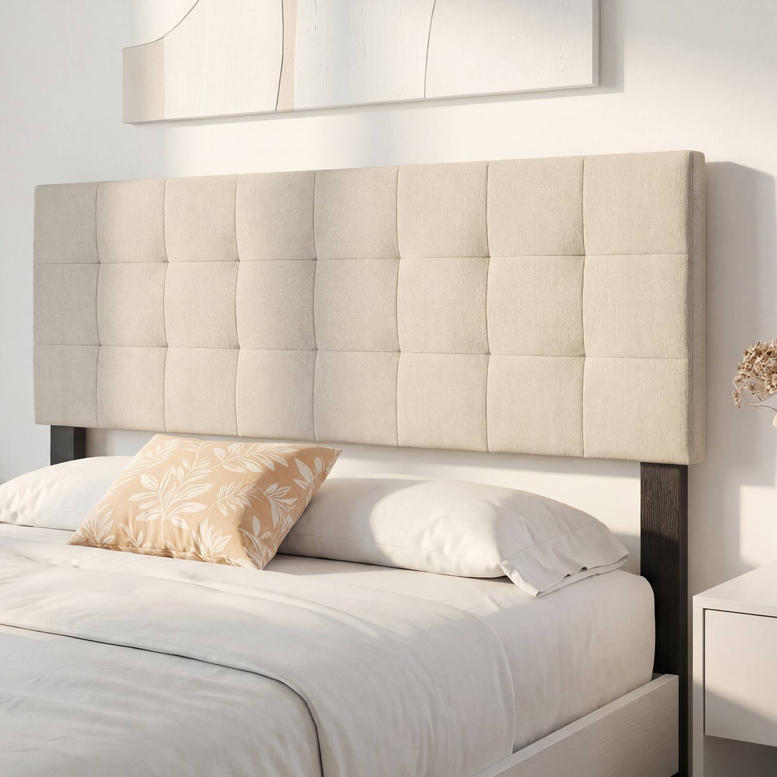 Alt View 3. Gymax - Gymax Upholstered Headboard Queen/Full Size Quilted Grid Linen Fabric Bed Frame Beige - Beige.