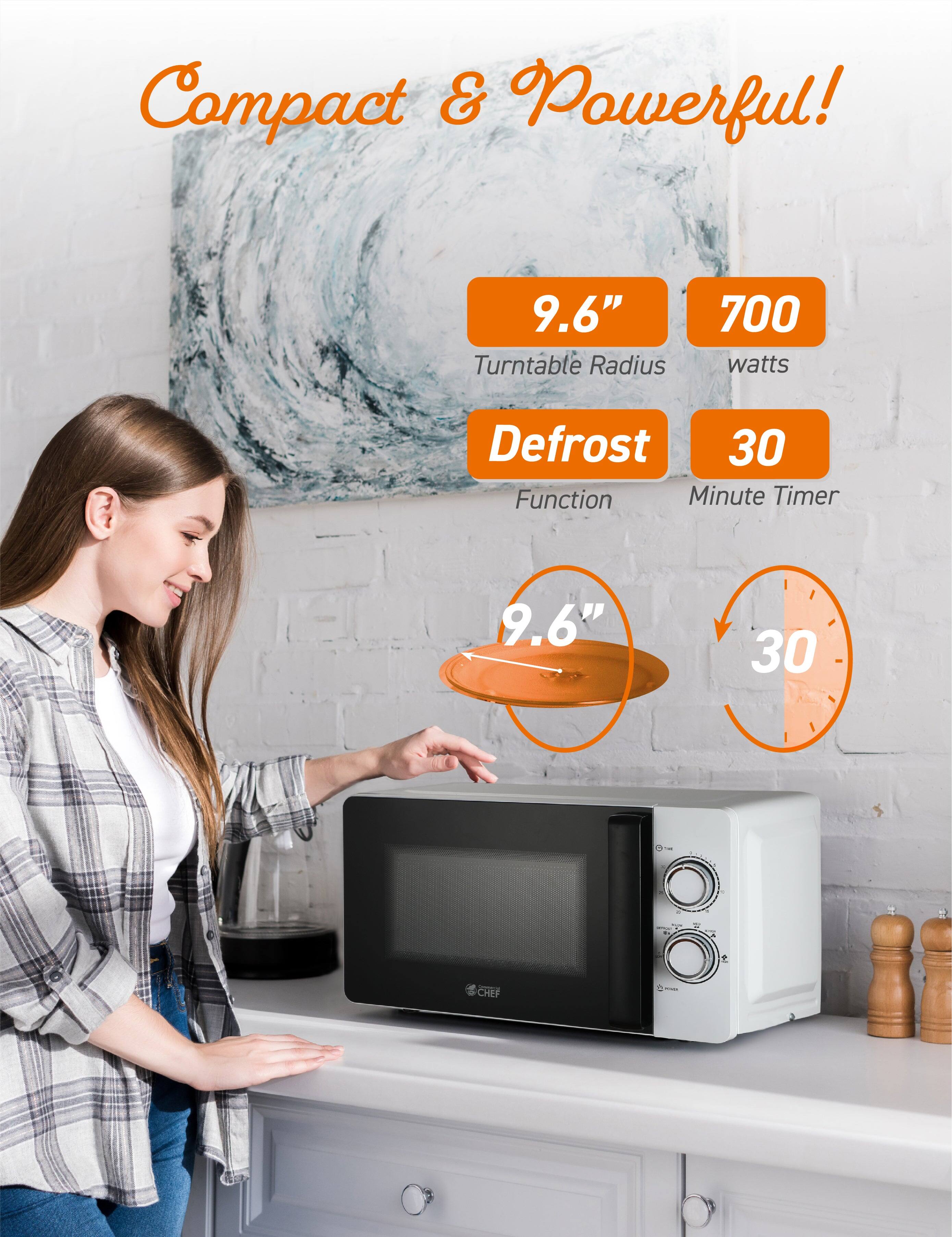 Compact & Powerful! 9.6" Turntable Radius 700 watts Defrost 30 Function Minute Timer 9.6" 30 CHEF