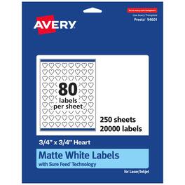 Avery - Heart Labels 0.75in x 0.75in, 20,000 Count, Matte, Sure Feed Technology, Permanent Adhesive, Laser/Inkjet Compatible - Matte White