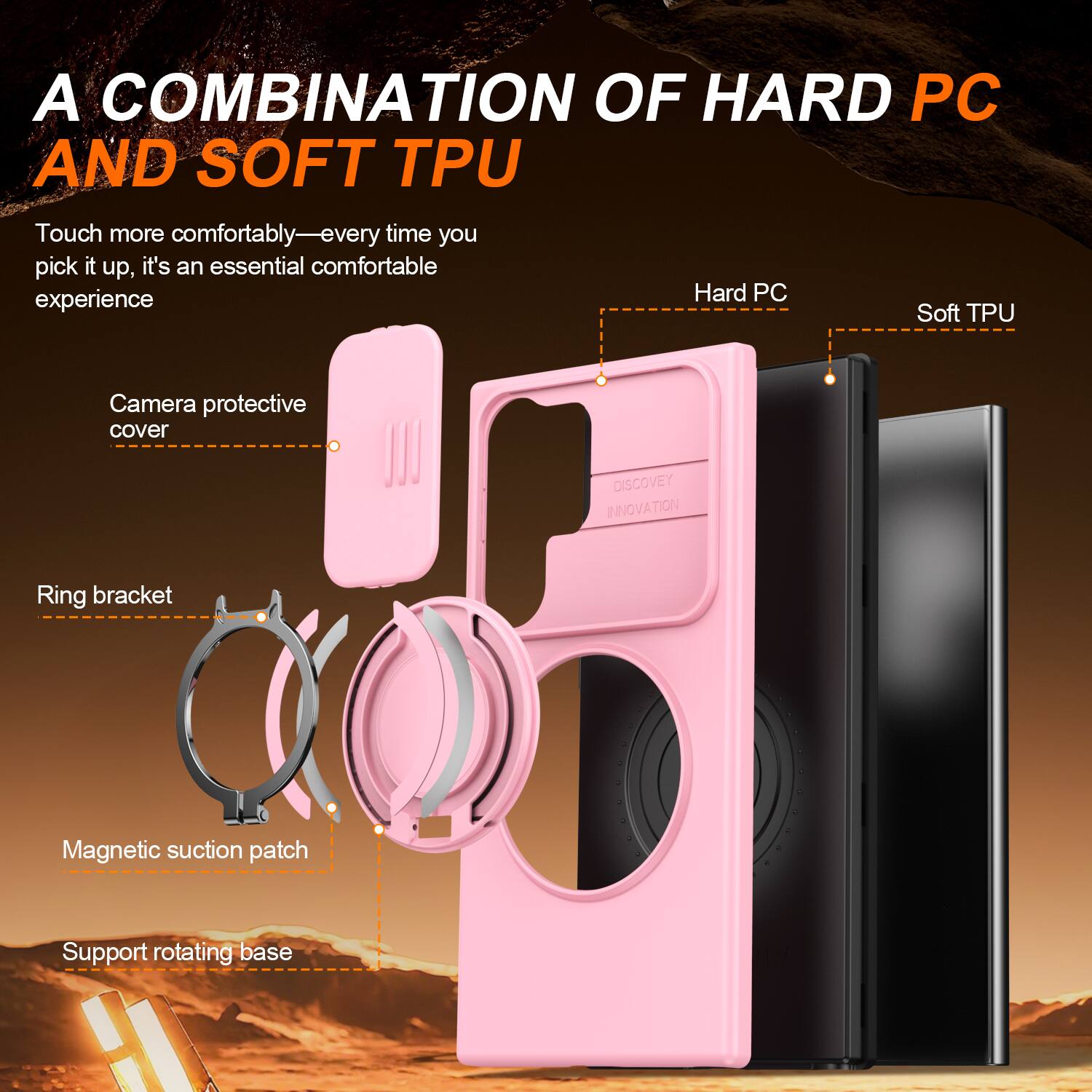 A COMBINATION OF HARD PC AND SOFT TPU

Touch more comfortably—every time you pick it up, it's an essential comfortable experience

Camera protective cover

Ring bracket

Magnetic suction patch

Support rotating base

Hard PC

Soft TPU
