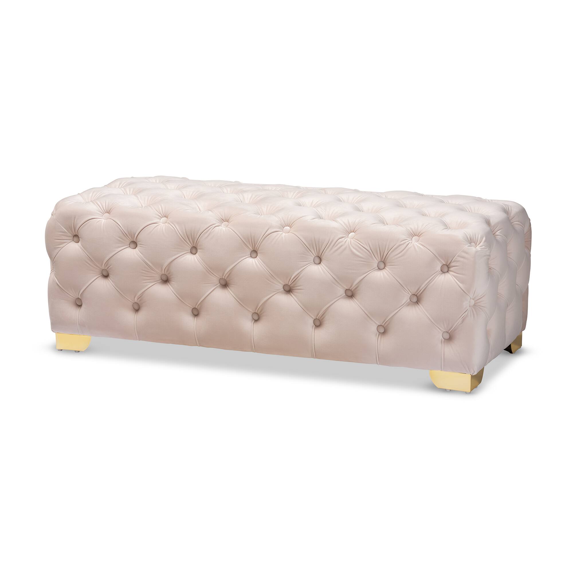Front. Baxton Studio - Avara Glam and Luxe Velvet Fabric Upholstered Gold Finished Button Tufted Bench Ottoman - Light Beige/Gold.