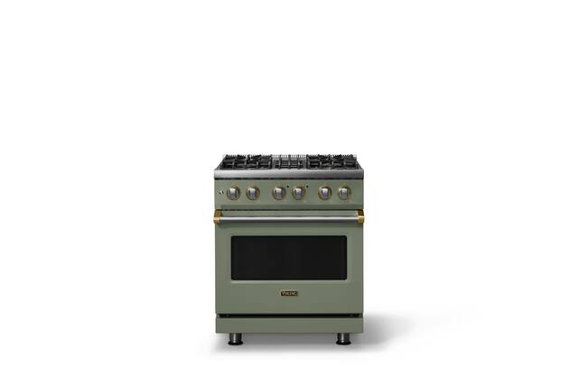 Front. Viking - 30"W. 4 Burner Pro5S 4.7 Cu. Ft. Freestanding Sealed Dual Fuel Convection LP Range-Eucalyptus/Brushed Brass - Eucalyptus.