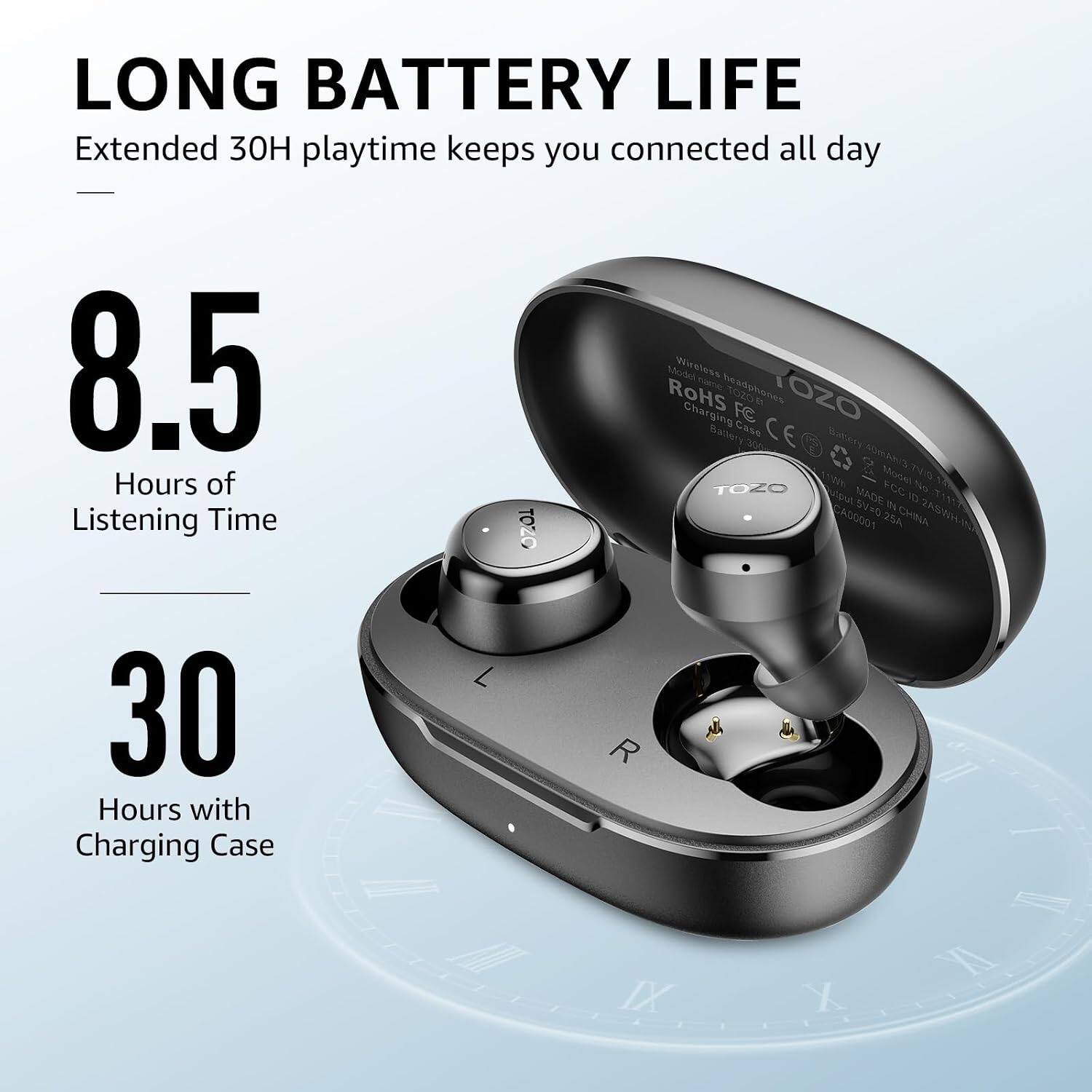 LONG BATTERY LIFE  
Extended 30H playtime keeps you connected all day

8.5 Hours of Listening Time  
30 Hours with Charging Case

TOZO II VIII  
Model: Wireless Water Resistant  
RoHS  
Charging Case  
Battery: 40mAh  
Model: TV/0  
No: TOZO MADE IN CHINA  
FCC ID: 2AZHWU  
CE  
Battery: 7.7V/40mAh  
MADE IN CHINA
