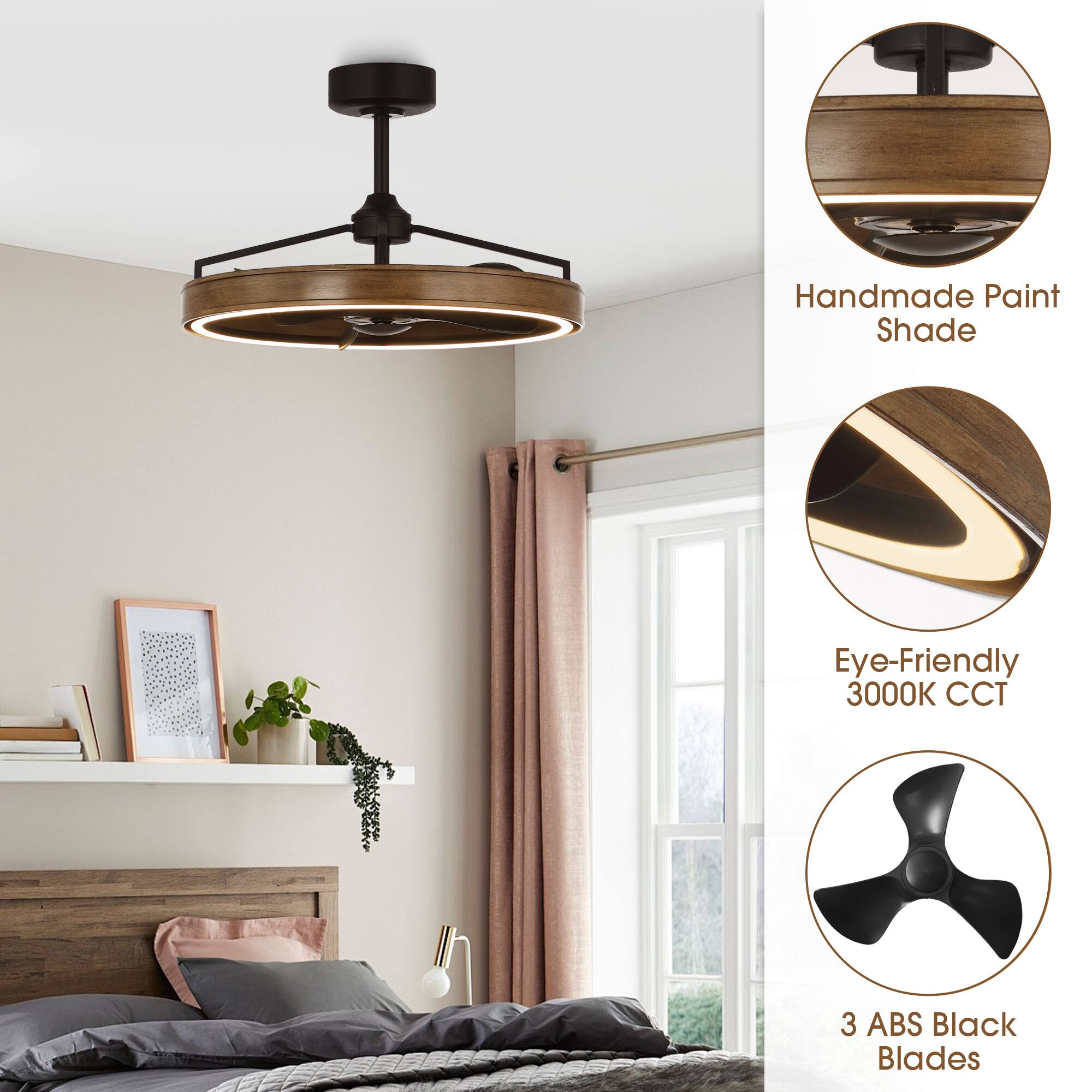 - Handmade Paint Shade
- Eye-Friendly 3000K CCT
- 3 ABS Black Blades