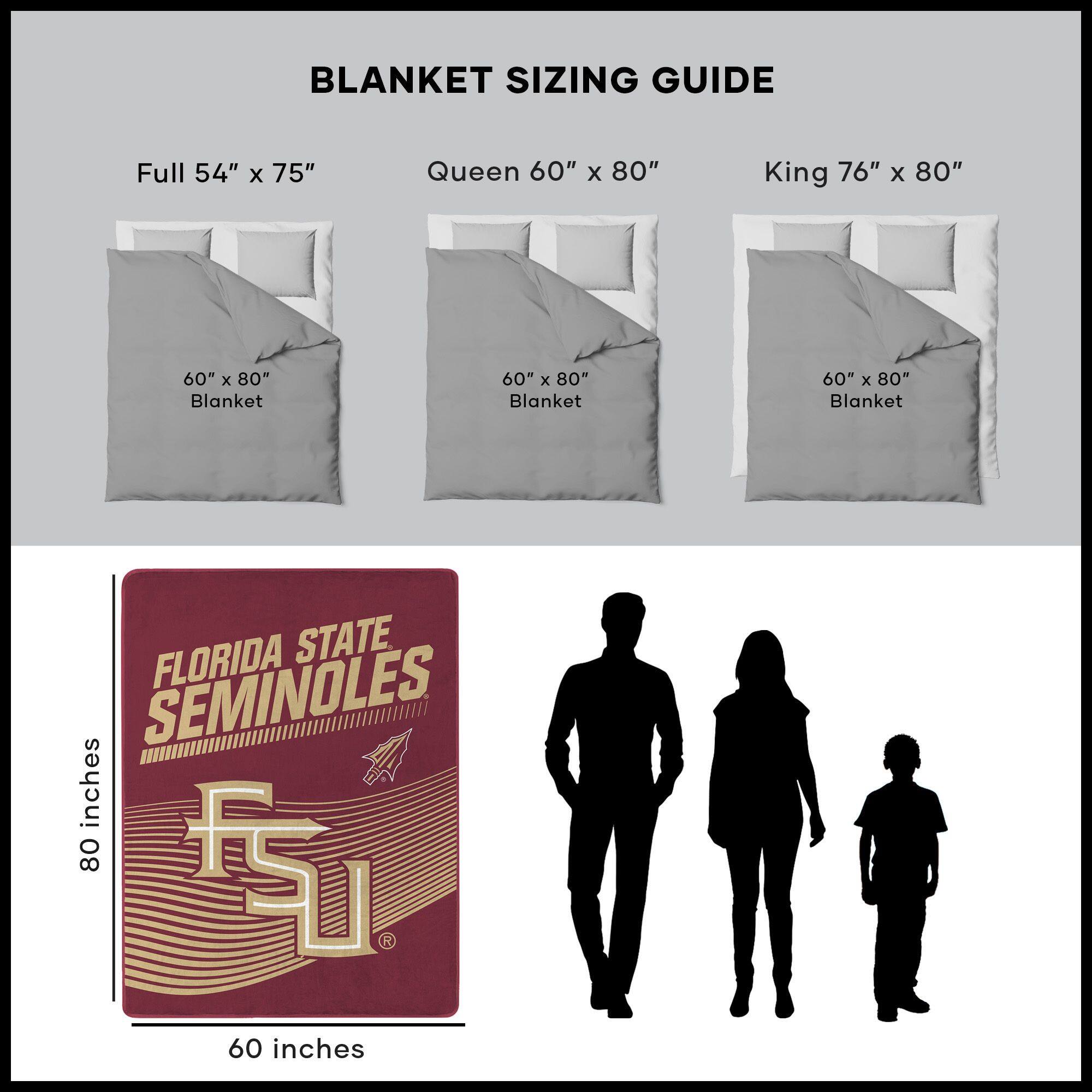BLANKET SIZING GUIDE

Full 54" x 75"  
Queen 60" x 80"  
King 76" x 80"  

60" x 80" Blanket  
60" x 80" Blanket  
60" x 80" Blanket  

FLORIDA STATE SEMINOLES  
80 inches  
60 inches