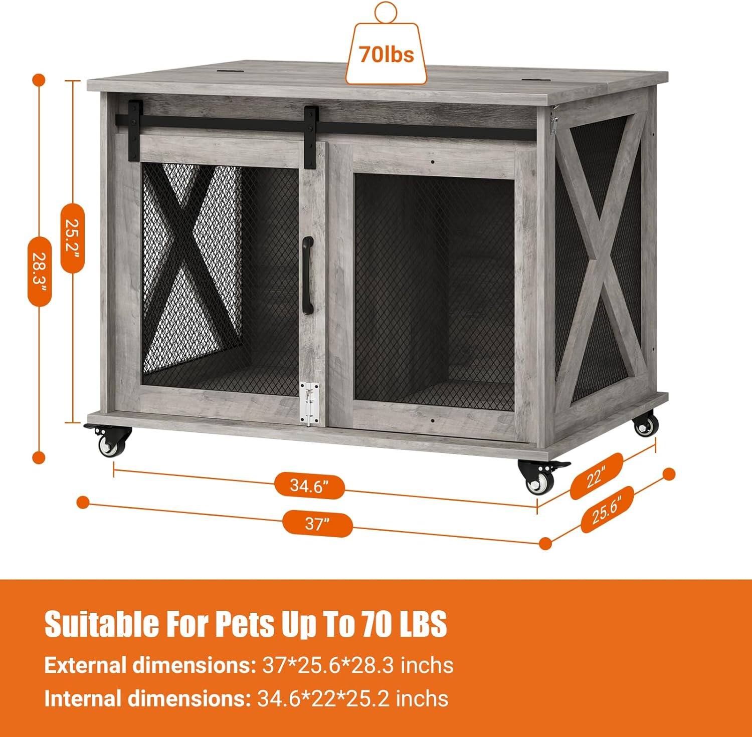 70 lbs

Suitable For Pets Up To 70 LBS

External dimensions: 37*25.6*28.3 inches

Internal dimensions: 34.6*22*25.2 inches