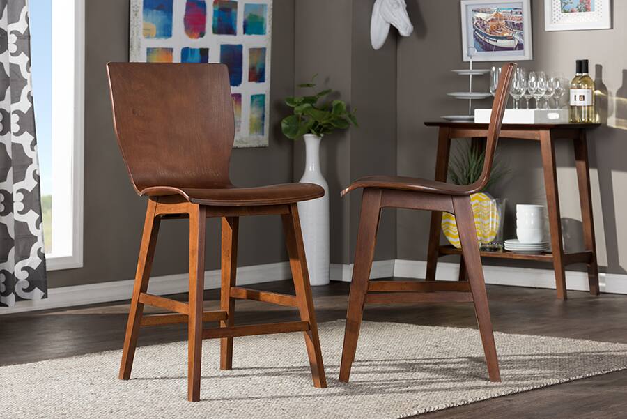 Left. Baxton Studio - Elsa Mid-century Modern Scandinavian Style Walnut Bent Wood Counter Stool - "Walnut" Dark Brown.