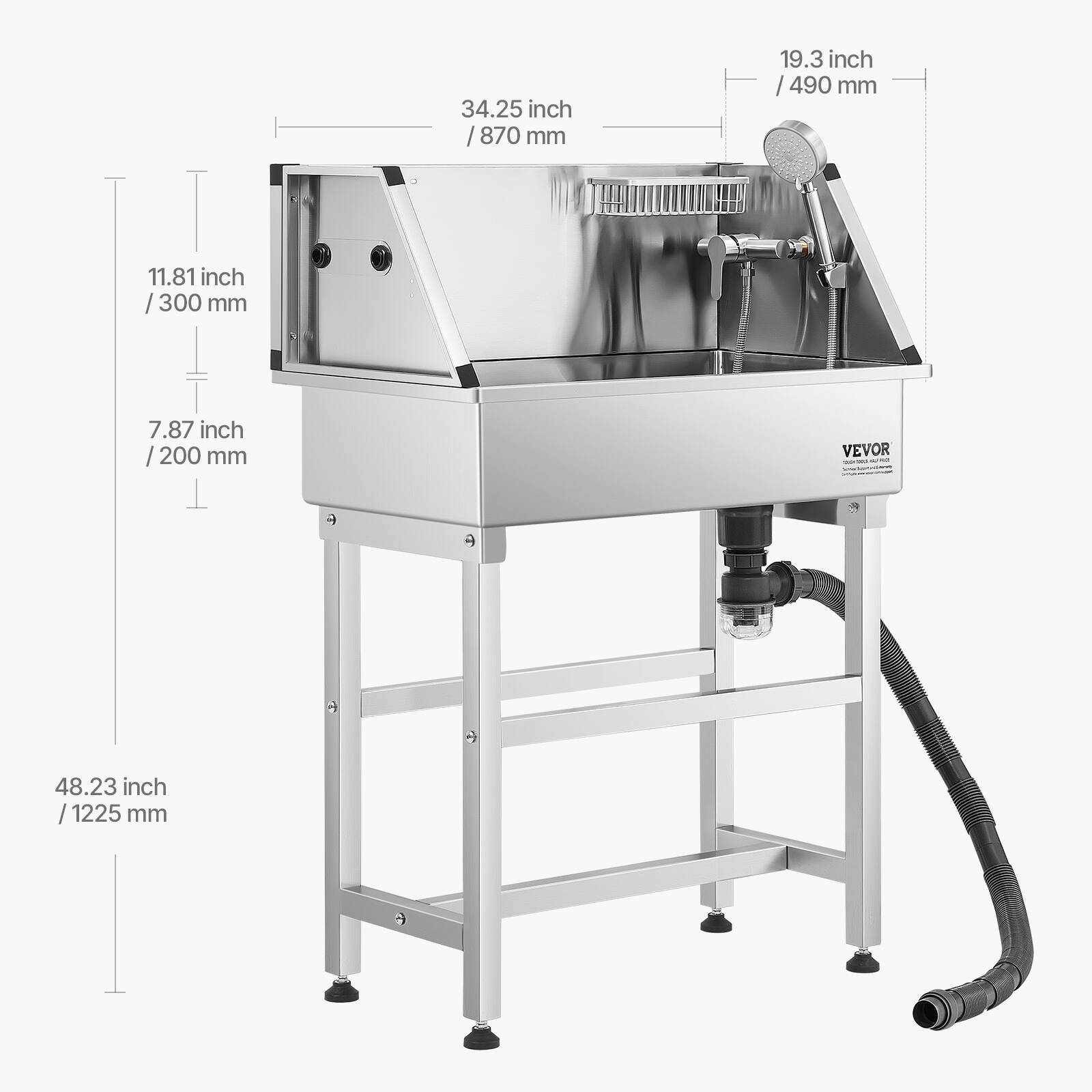 34.25 inch / 870 mm  
19.3 inch / 490 mm  
11.81 inch / 300 mm  
7.87 inch / 200 mm  
48.23 inch / 1225 mm  

VEVOR