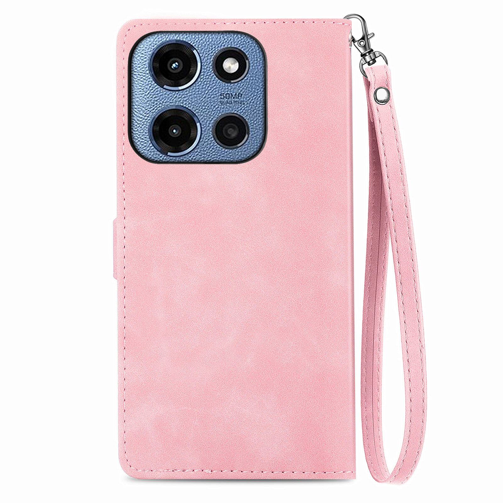 Angle. Dteck - for Motorola G 5G (2025) Wallet Case,Folio Shockproof PU Leather Card Holder Cover with Zipper Pocket & Wrist Strap - Pink.