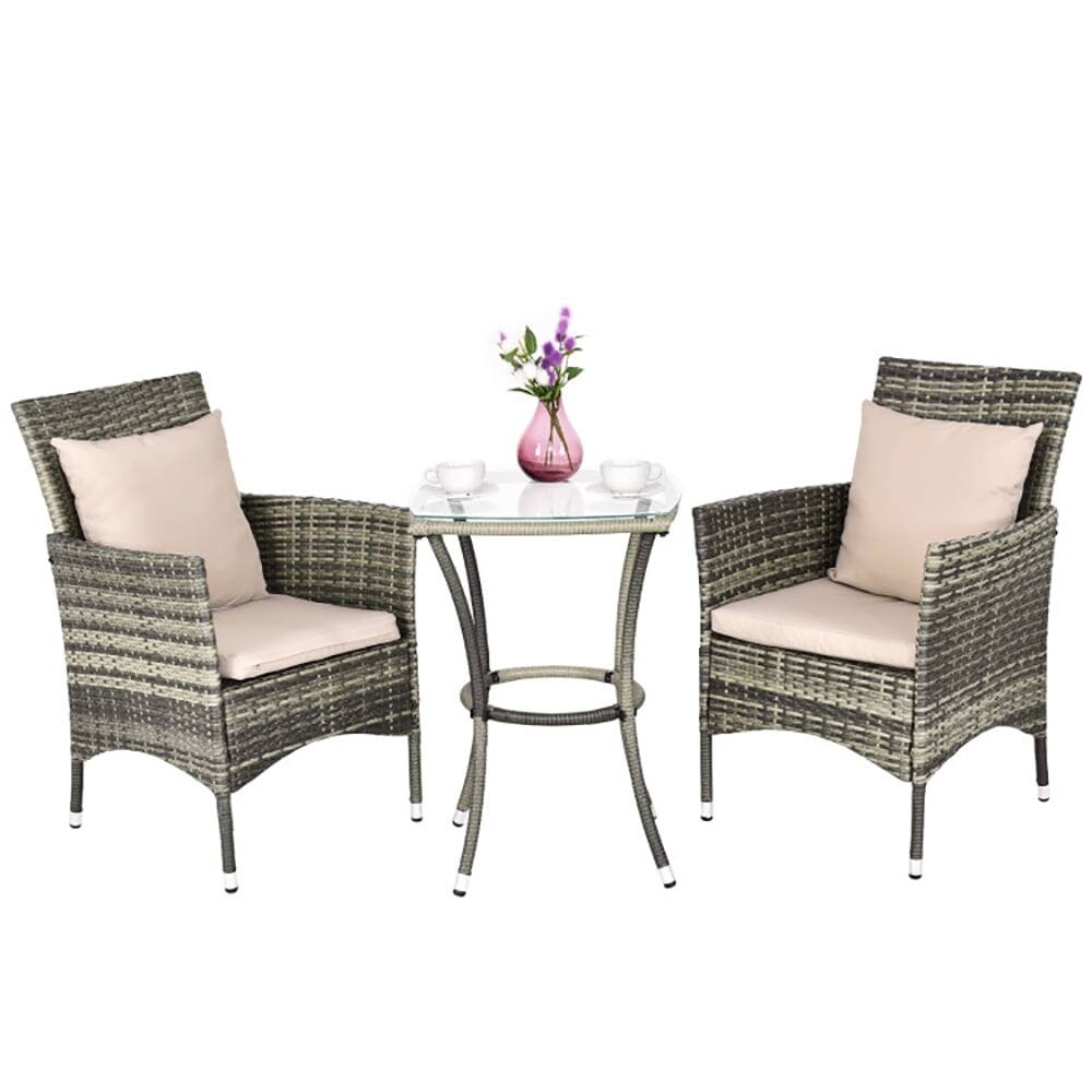 Left. Kadyn - 3 Pcs Patio Rattan Chairs and Table Set with Cushions, Gray Rattan Chair Set, Gray Rattan Sofa Set - Gray.