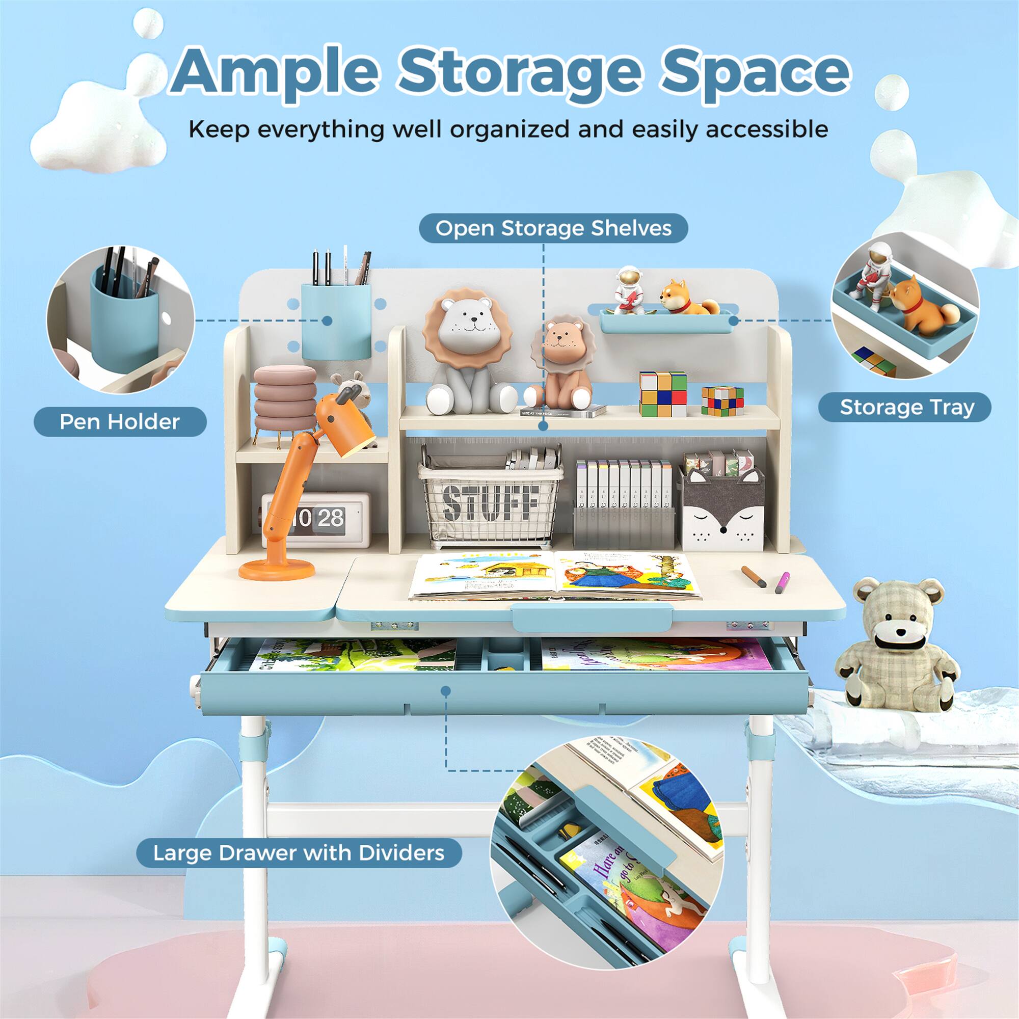 Ample Storage Space, Keep everything well organized and easily accessible, Open Storage Shelves, Pen Holder, Storage Tray, 0 28 STUFF, Large Drawer with Dividers