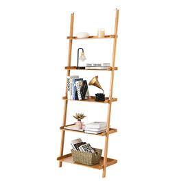 Costway - 5-Tier Ladder Shelf Bamboo Bookshelf Wall-Leaning Storage Display Plant Stand - Natural