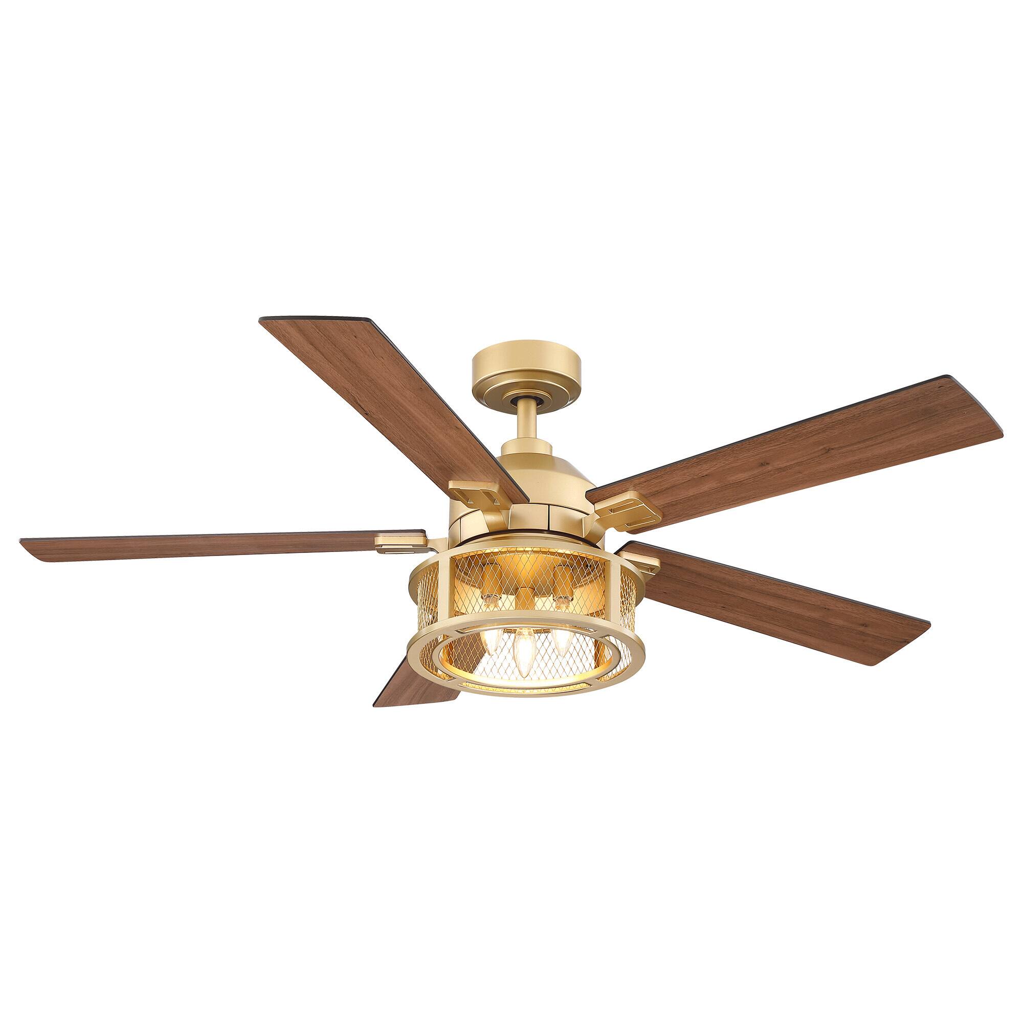 Alt View 2. Parrot Uncle - 52 in. Modern Mesh Metal Reversible Blades Gold Ceiling Fan with Light and Remote - Gold.