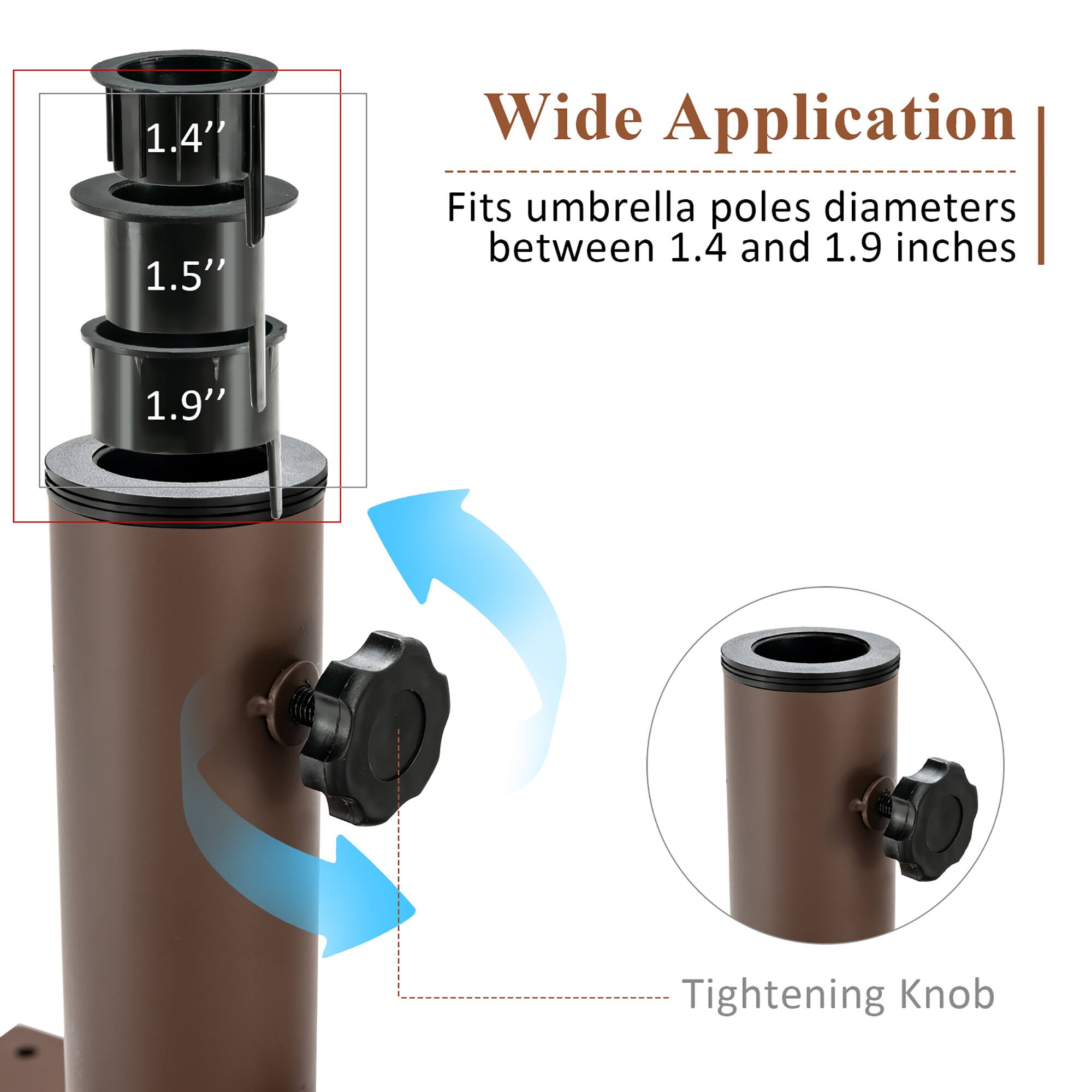 Wide Application Fits umbrella poles diameters between 1.4 and 1.9 inches Tightening Knob