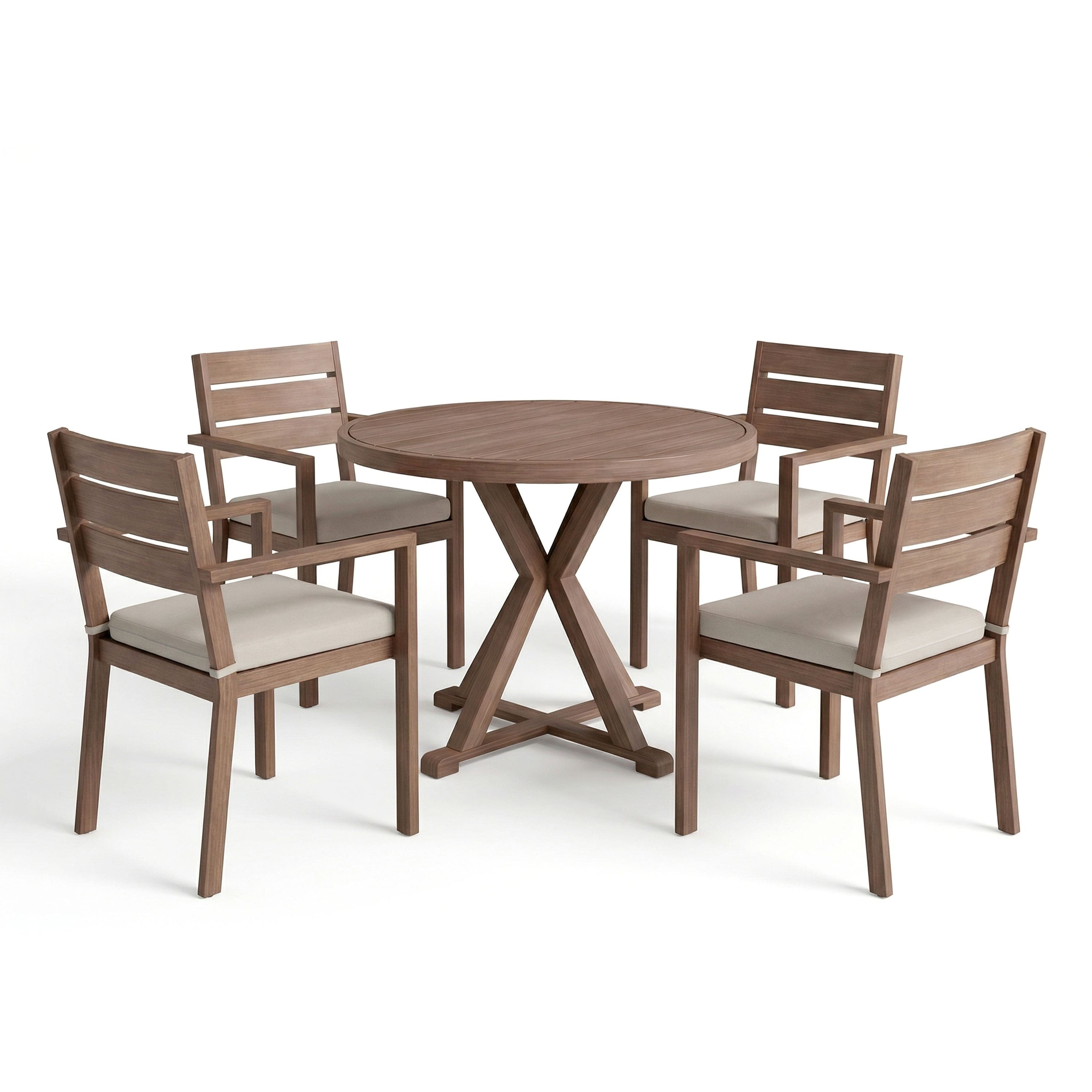 Martha Stewart - All-Weather Patio Set with 36" Round Trestle Base Table and 4 Stack Armchairs - Brown