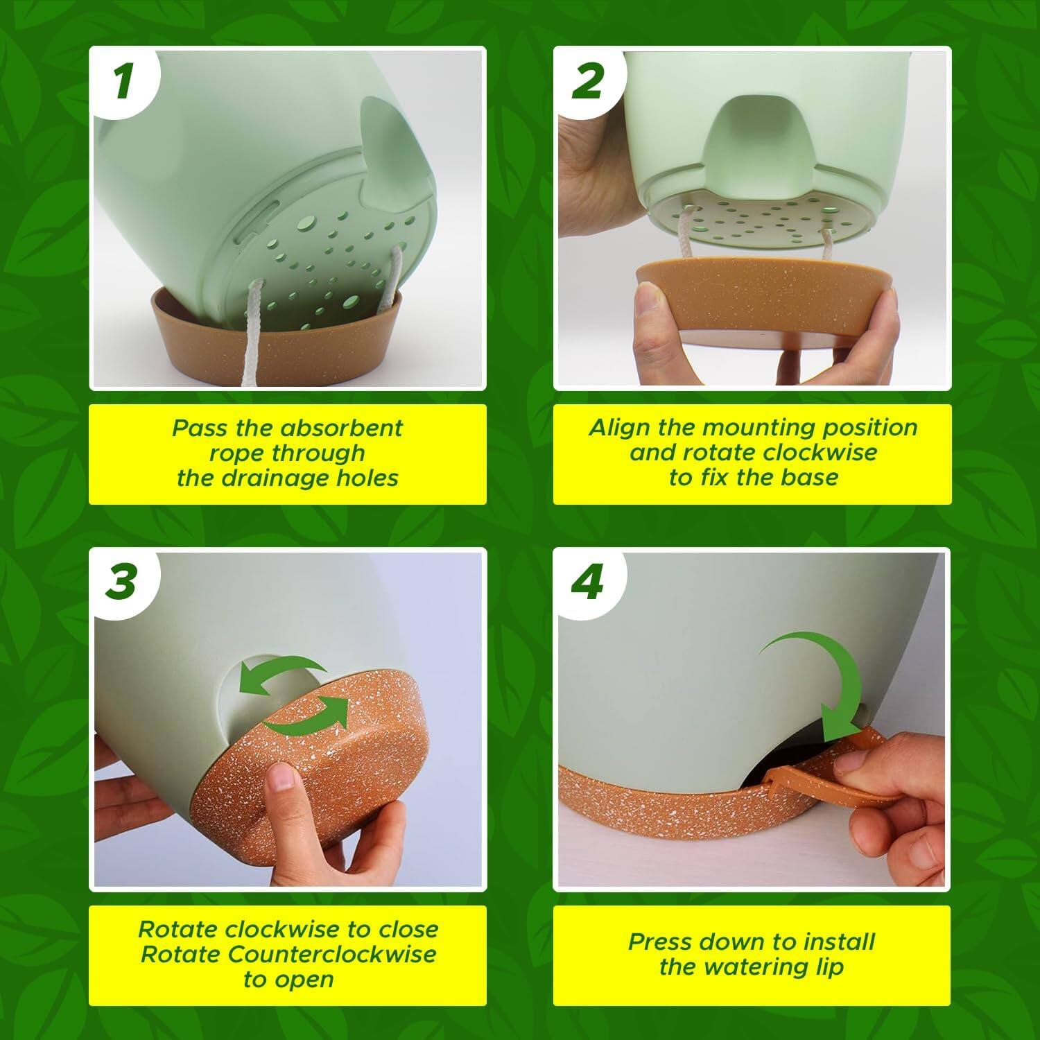 1. Pass the absorbent rope through the drainage holes.
2. Align the mounting position and rotate clockwise to fix the base.
3. Rotate clockwise to close, rotate counterclockwise to open.
4. Press down to install the watering lip.