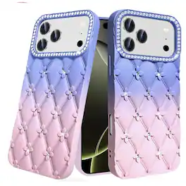 Kitcheniva - Bling Diamond Pattern Padded Phone Case With Tempered Glass For iPhone 17 Pro Max - Light Pink