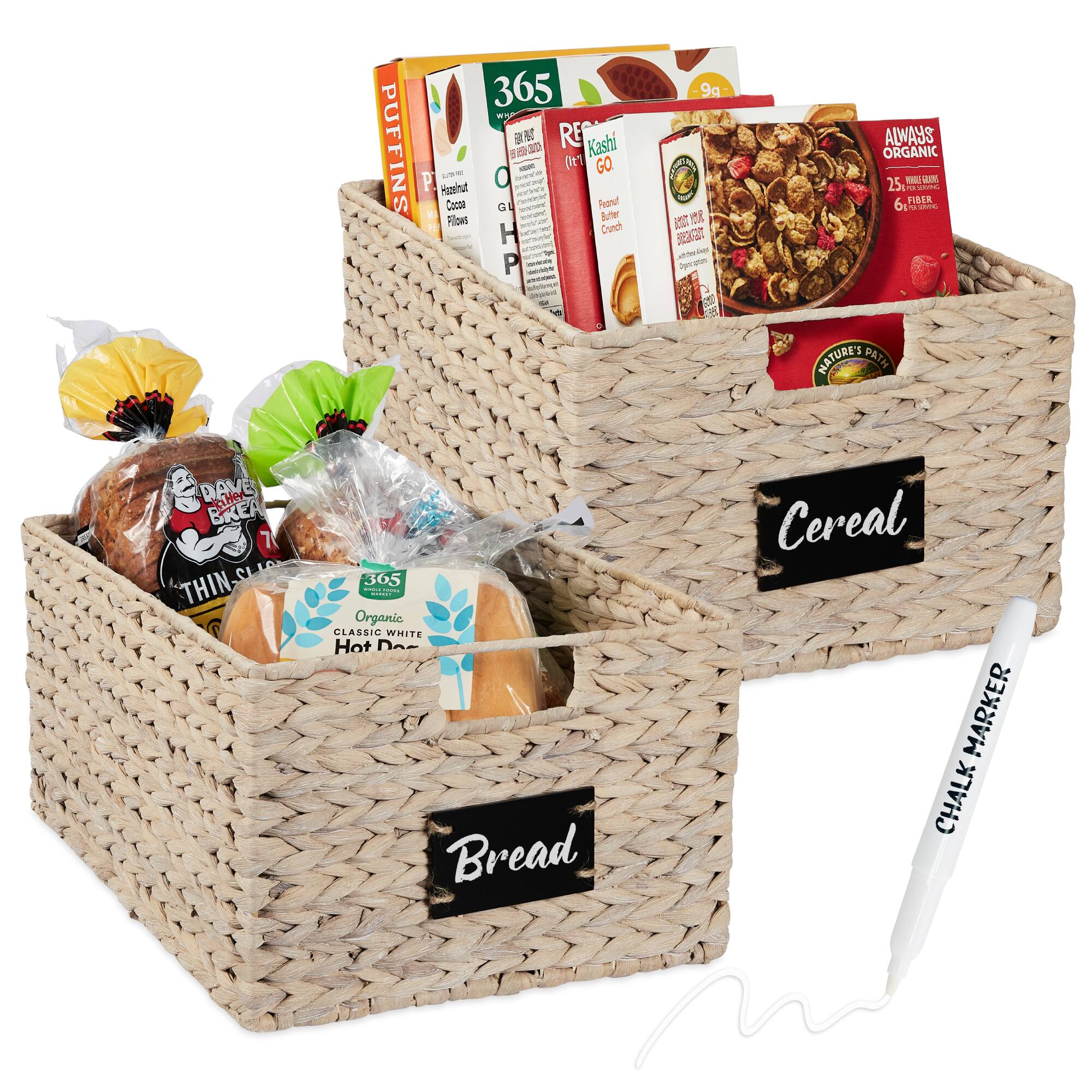 Best Choice Products - Set of 2 16in Woven Water Hyacinth Pantry Baskets w/ Chalkboard Label, Chalk Marker - White