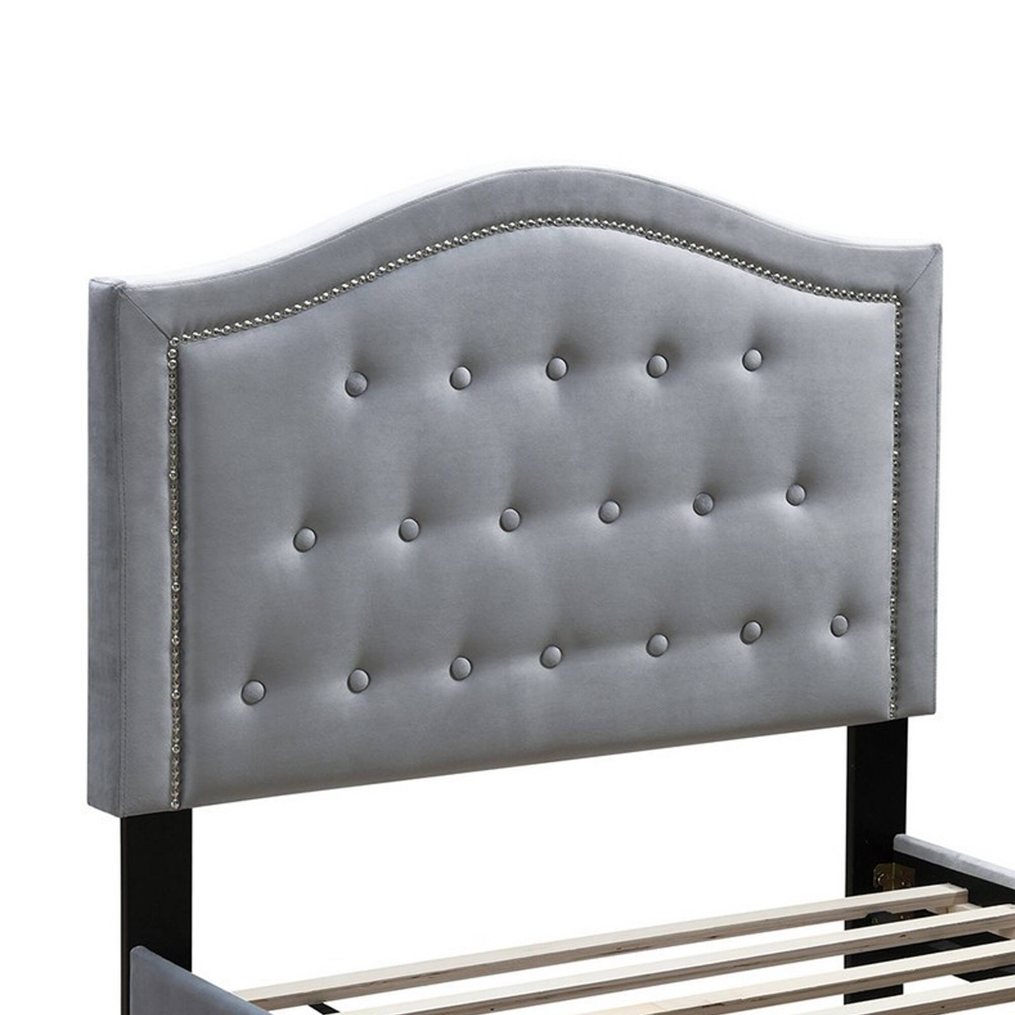 Alt View 1. Manhattan Lane - Button Tufted Queen Velvet Bed with Curved Headboard - Gray.