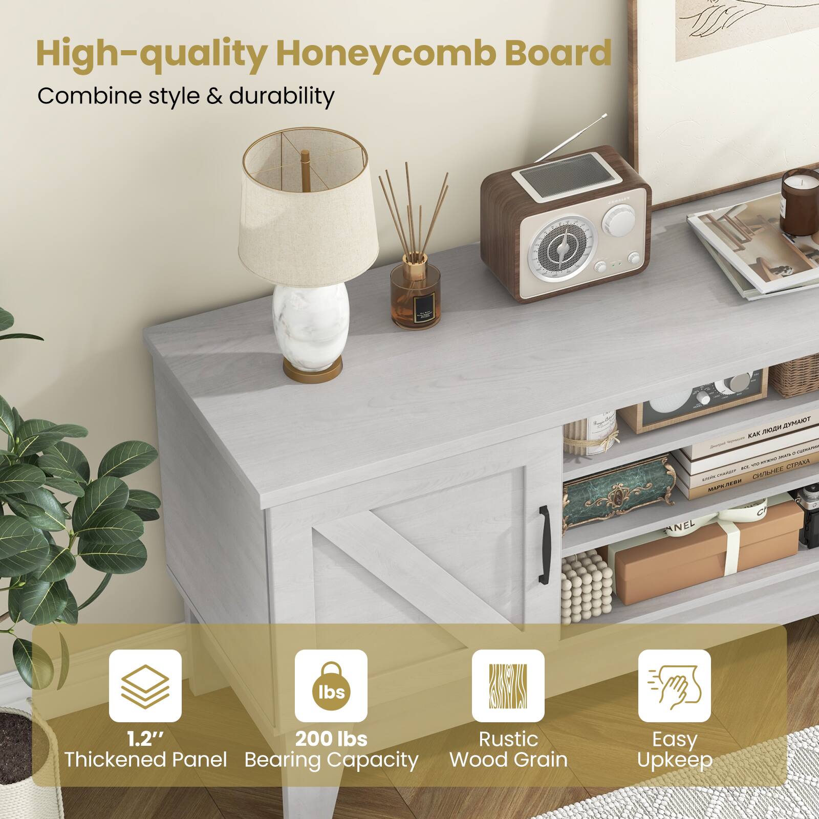 High-quality Honeycomb Board  
Combine style & durability  

1.2" Thickened Panel  
200 lbs Bearing Capacity  
Rustic Wood Grain  
Easy Upkeep