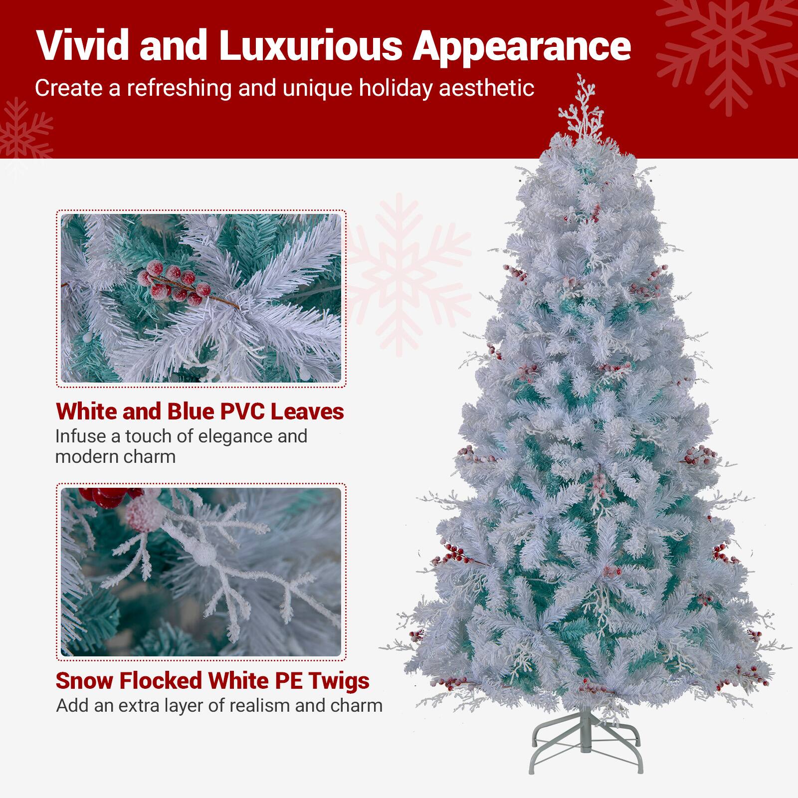 Vivid and Luxurious Appearance  
Create a refreshing and unique holiday aesthetic  

White and Blue PVC Leaves  
Infuse a touch of elegance and modern charm  

Snow Flocked White PE Twigs  
Add an extra layer of realism and charm