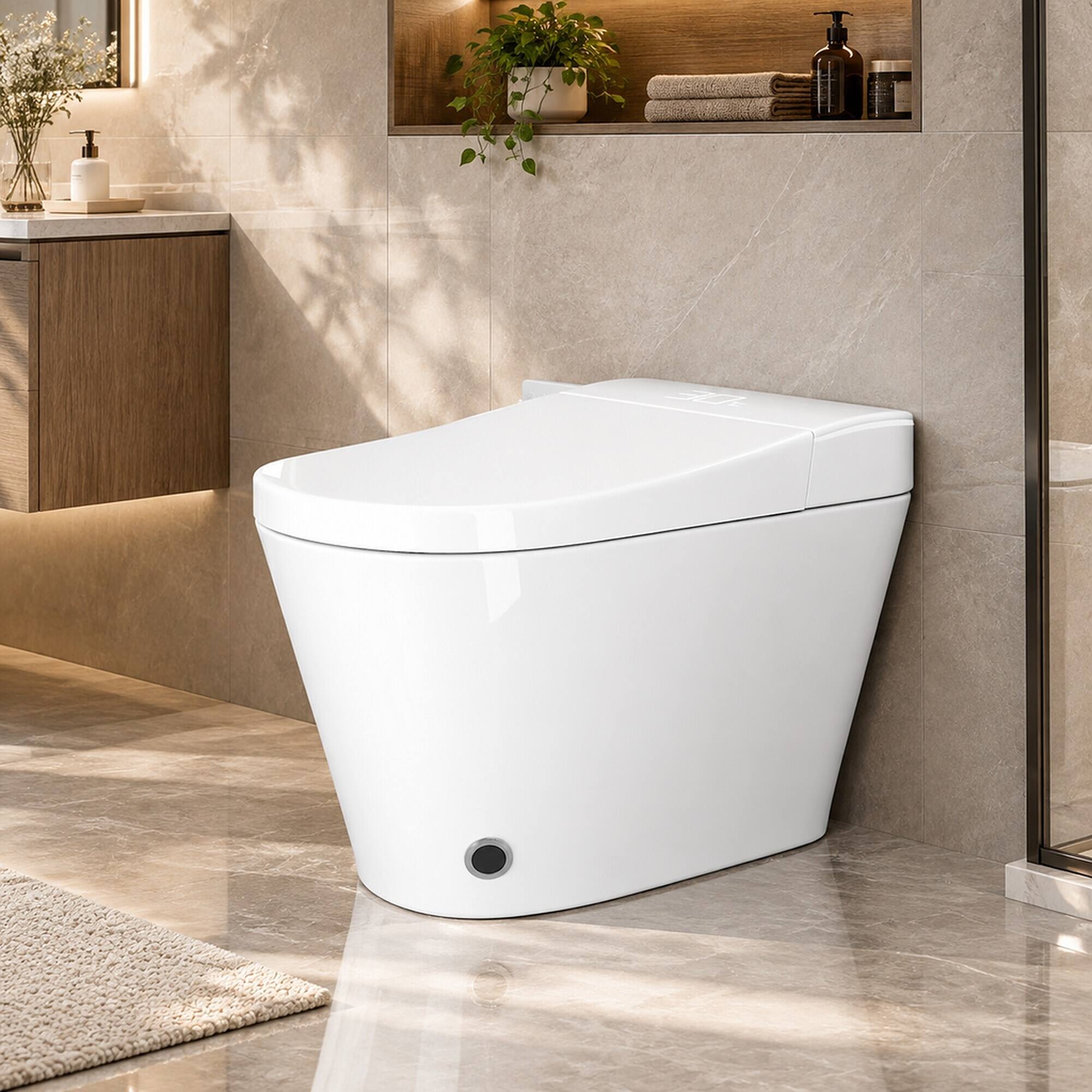 Left. RYHNUYNE - Unique One Piece Smart Bidet Toilet, Auto Open Close Seat Warm Water Dryer For Modern Bathroom In Bright White - White.