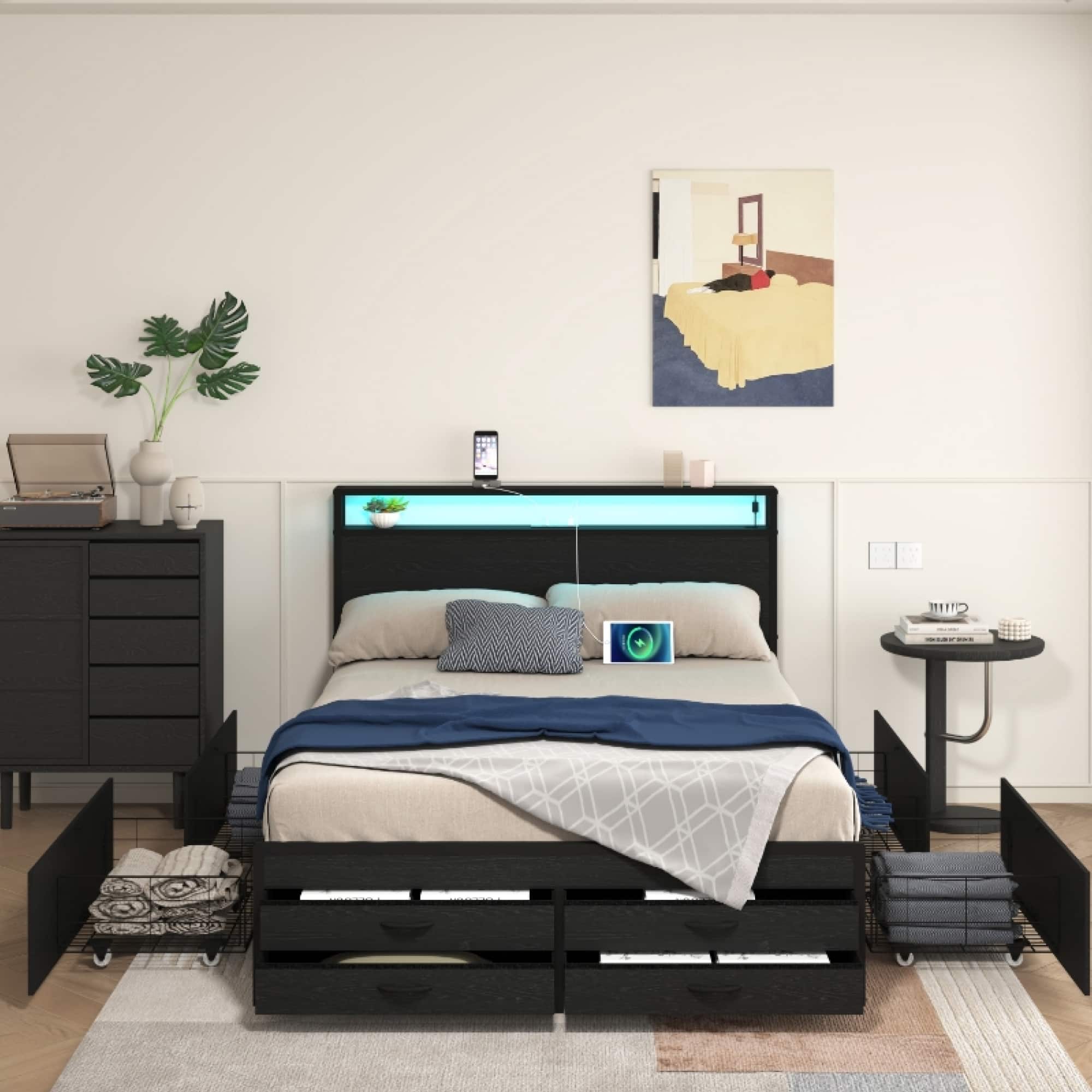 GOODSILO - Full Size Storage Bed Frame with LED Headboard and Charging Station - Black