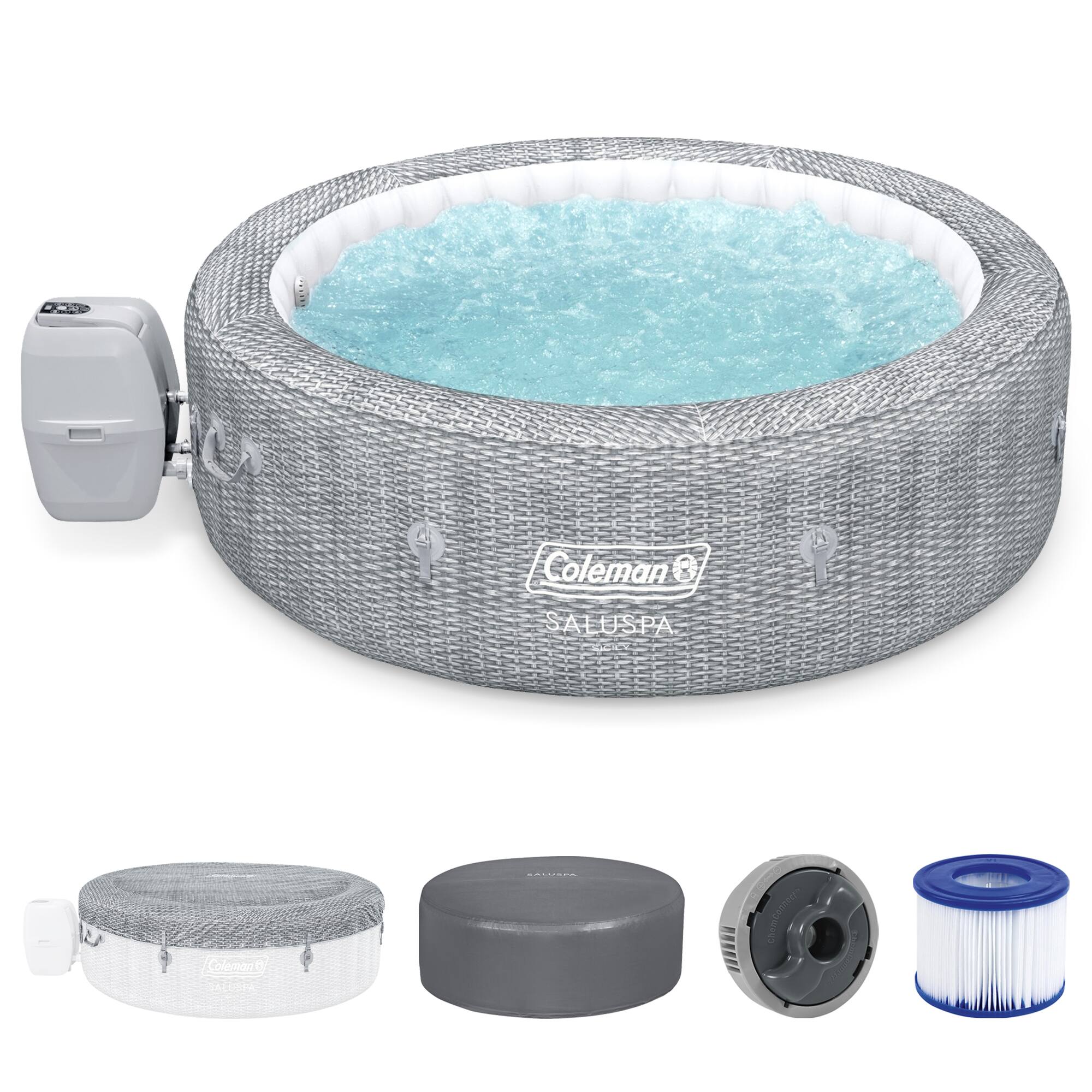 Coleman - Sicily AirJet Round Inflatable Hot Tub with EnergySense Cover, Grey - Gray