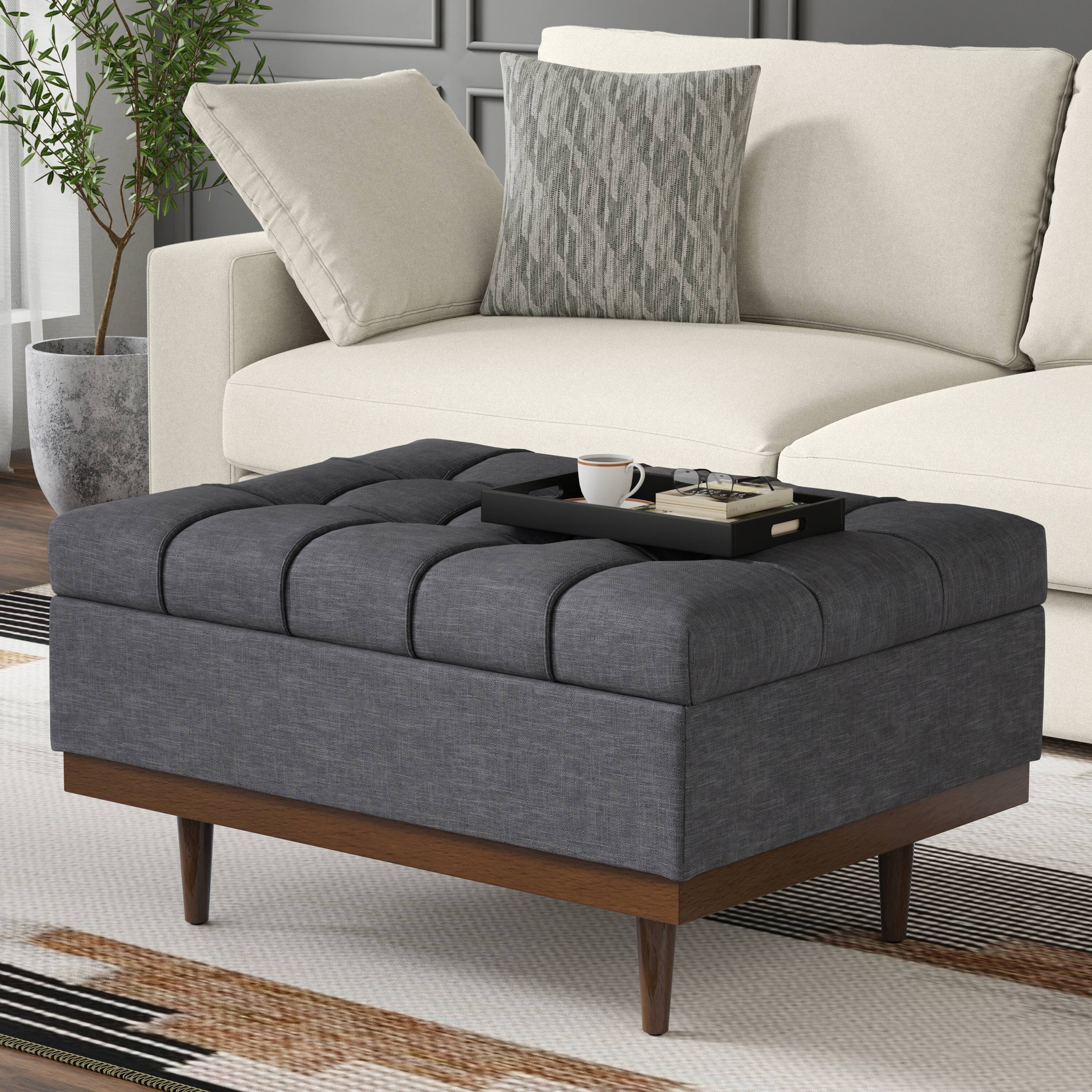 Angle. Simpli Home - Mariah 34 inch Wide Contemporary Rectangle Coffee Table Storage Ottoman in Slate Grey  Polyester Linen, Assembled - Slate Grey.