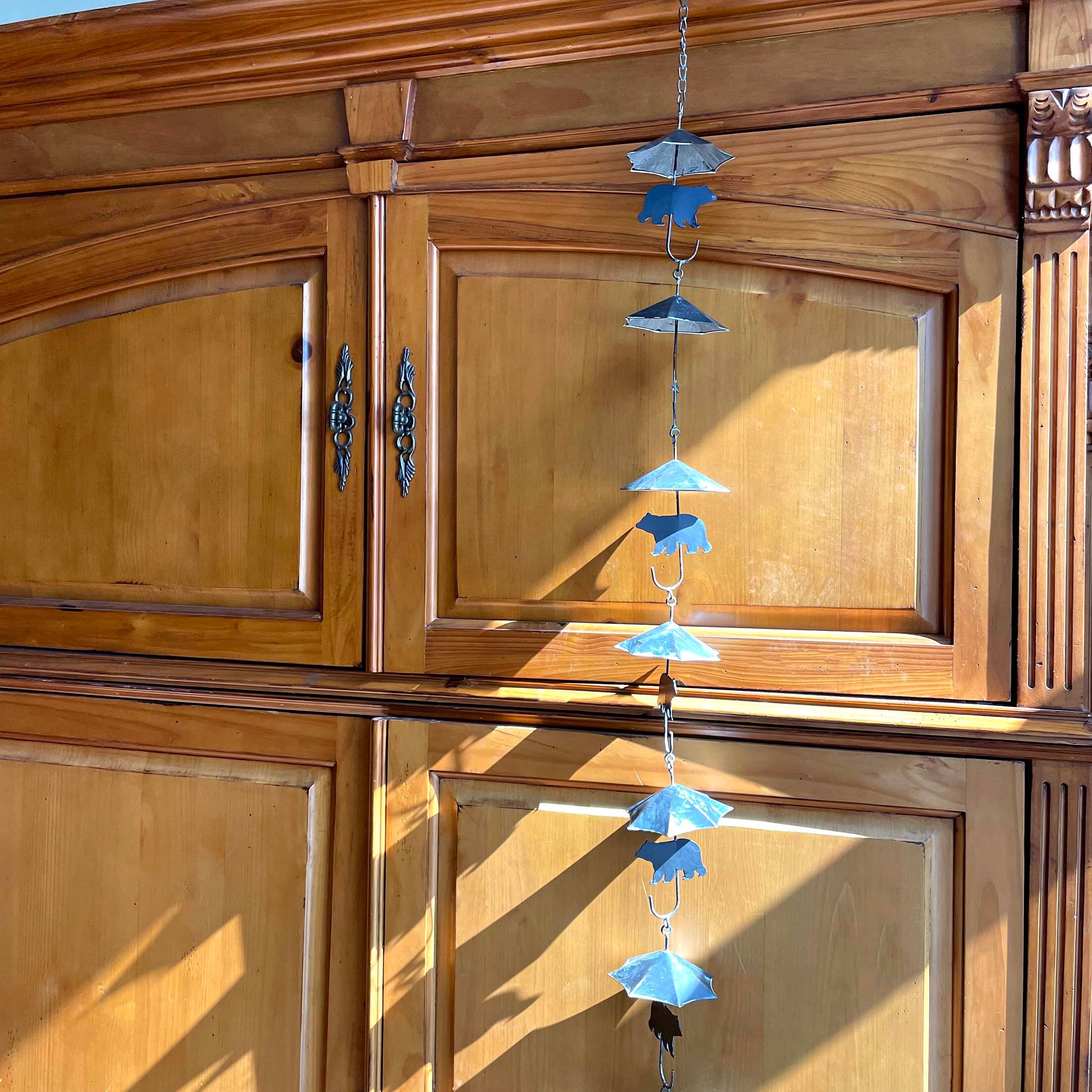 Alt View 3. Things2Die4 - Rustic Black Bear & Umbrella Rain Chain - 75" Long Distressed Verdigris Finish - Black.