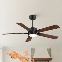 Breezary - 52-Inch Ceiling Fan, LED Light, 5 Plywood Blades, 6-Speed DC Motor, Remote, 3-Color, Timer, Memory Downrod Mount - Matte Black and Two-tone Wood Grain